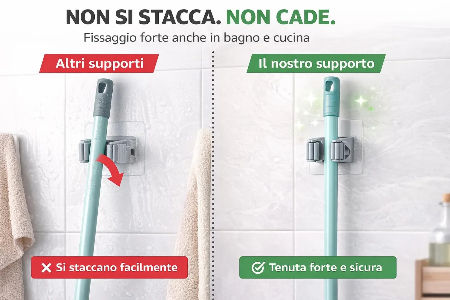 Generico Porta Scopa Adesivo Ultra Resistente da Parete (Set 4) – Ganci Senza Fori per Scope e Mop – Supporto Porta Scope Cucina, Bagno e Garage – Impermeabile, Antiscivolo con Fissaggio Forte