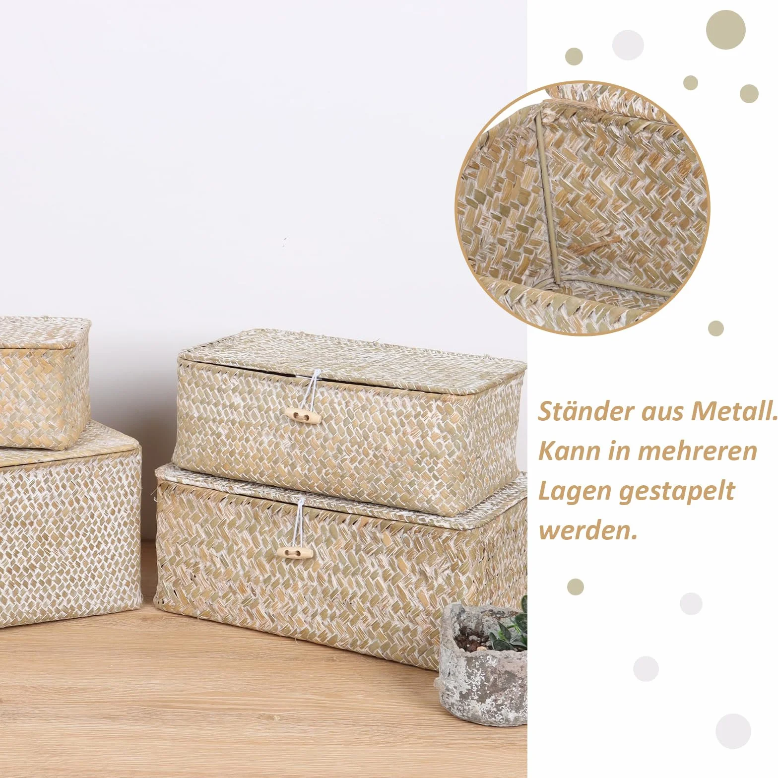 Cesto Portaoggetti in Rattan Intrecciato Rettangolare con Coperchio, Organizer Multifunzionale per Trucchi e Abbigliamento (M, Bianco)