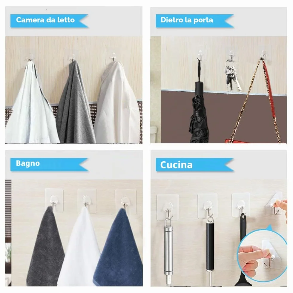 PaiLeWei Gancio Adesivo - 6 pezzi Autoadesivi Ganci Adesivi Trasparenti 5 kg (max), per Bagno, Cucina, Soffitto, Appendere, Parete, Porta, Accappatoi, Portasciugamani (6 Pezzi)