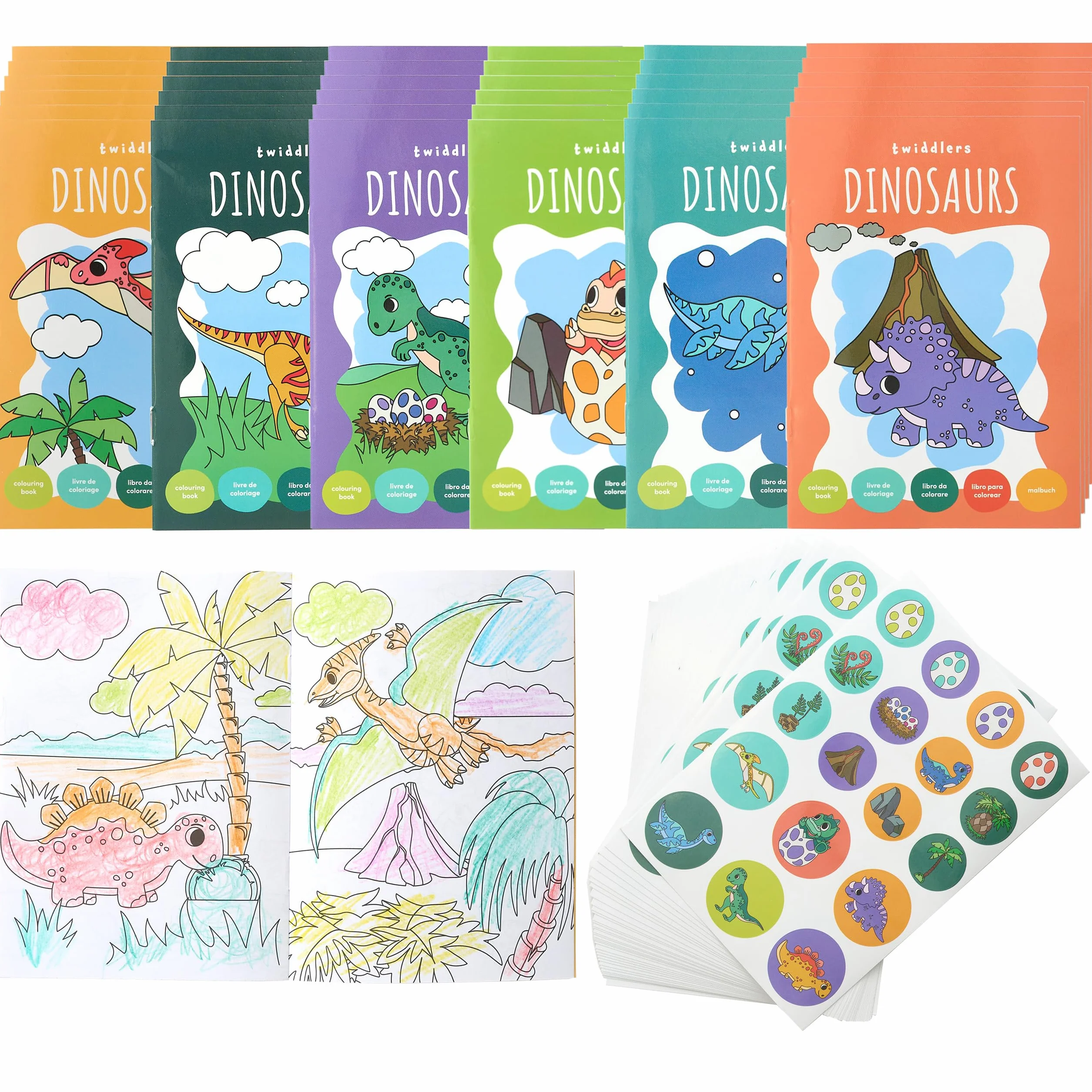 THE TWIDDLERS 36 Mini Libri da Colorare per Borse da Festa, con Adesivi - Tema Dinosauri, Mini Libri A6 per Bambini, Età 4-8 Anni, Piccoli Libri da Colorare Perfetti per Riempire le Borse da Festa