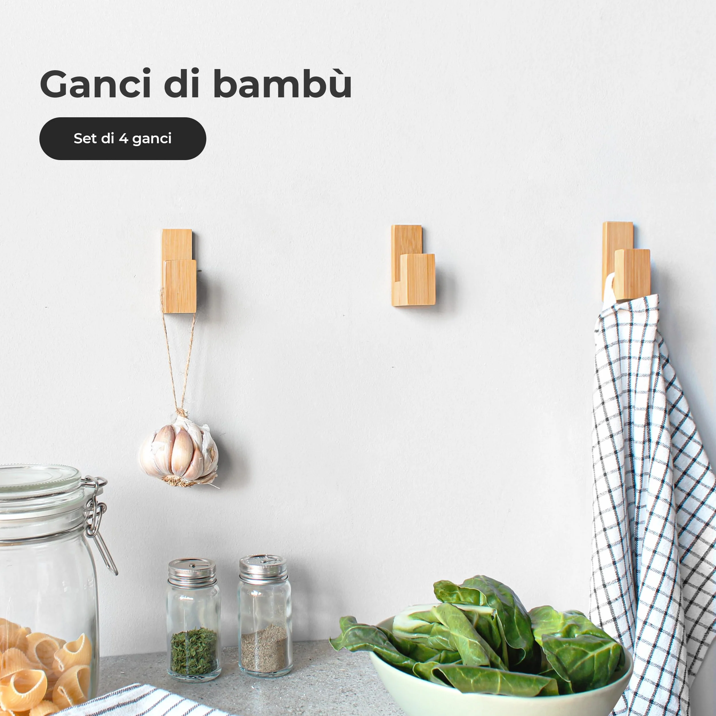 Ganci Appendiabiti Adesivi Bambù Set 4 - Portaasciugamano da Bagno Senza Forare