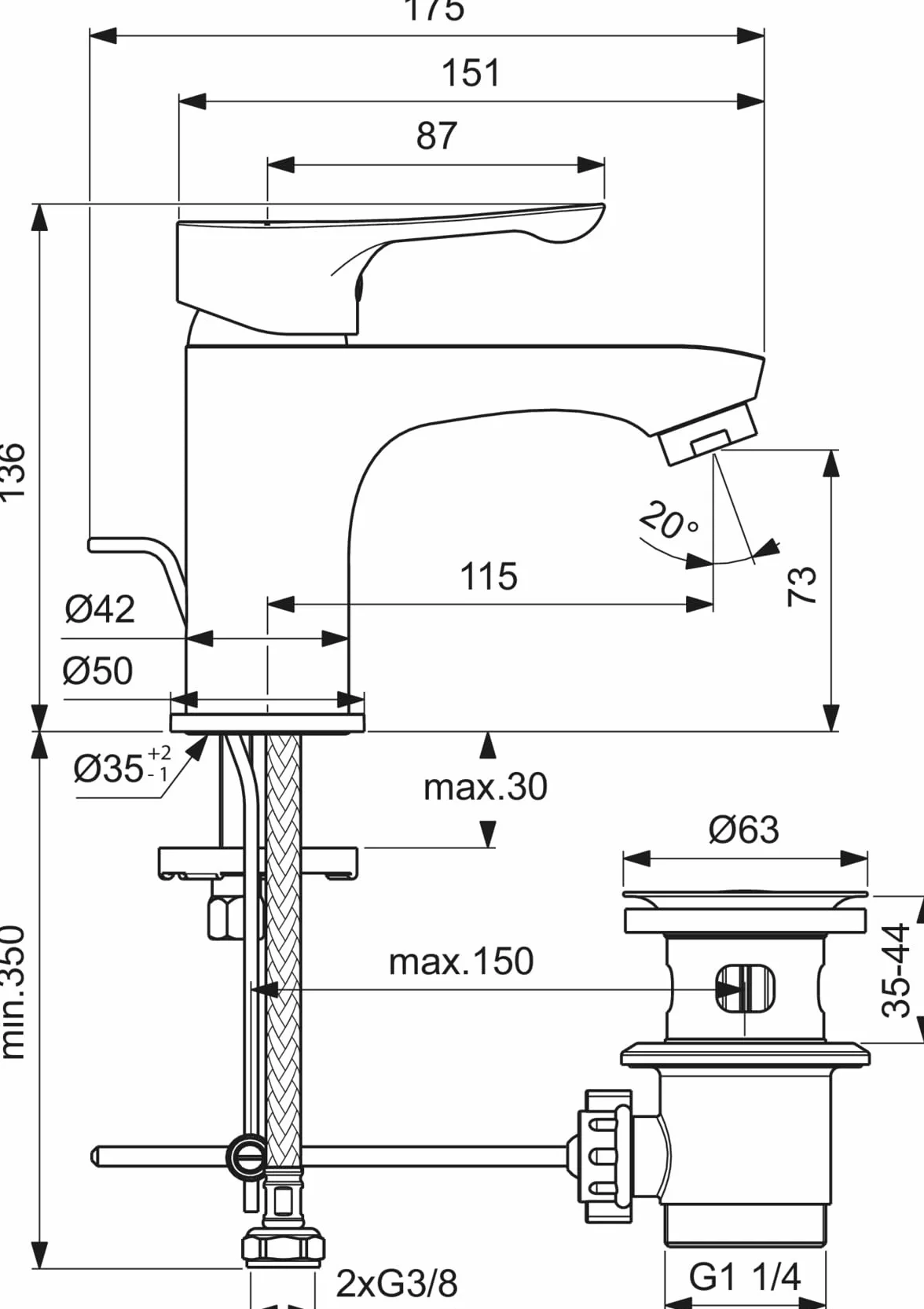 Ideal Standard Miscelatore lavabo Alpha, con scarico, rubinetto a risparmio idrico, sistema di montaggio rapido Easy Fix – Cromato