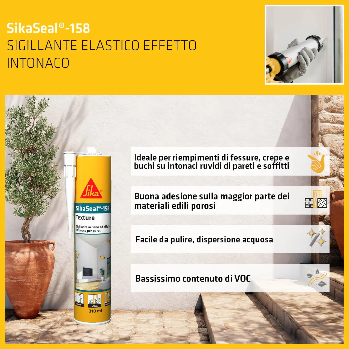 SIKA - Sigillante effetto intonaco - SikaSeal 158 Texture, Bianco - Riempie buchi e crepe nei muri in modo invisibile - Pronto all’uso, si mimetizza perfettamente - 310ml