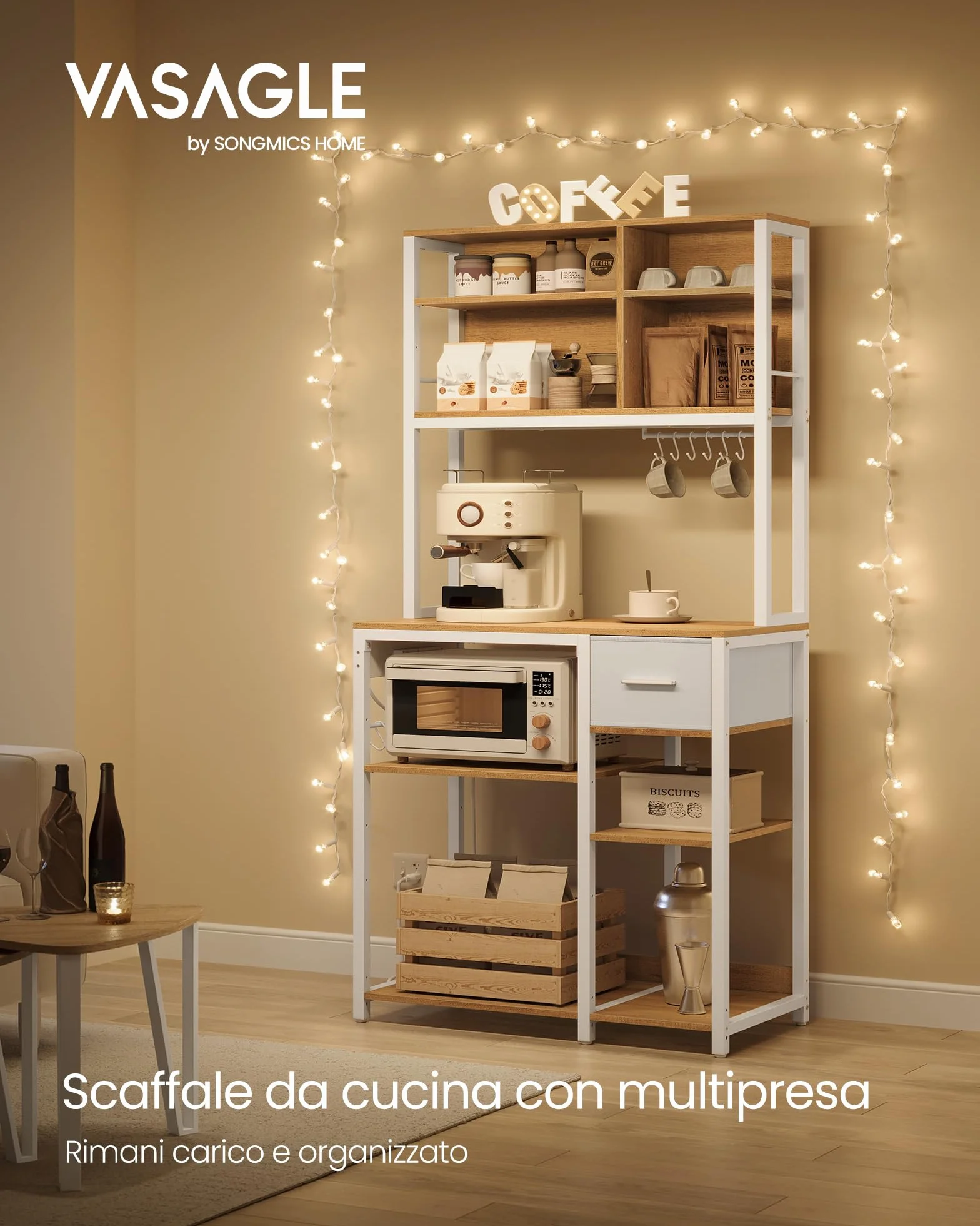 VASAGLE Scaffale Cucina con Multipresa, Mobile Cucina, 40 x 80 x 180,4 cm, Scaffale per Microonde, Ripiani Regolabili, Cassetto in Tessuto, 12 Ganci, Rovere Dorato e Bianco Nuvola KKS015Y02
