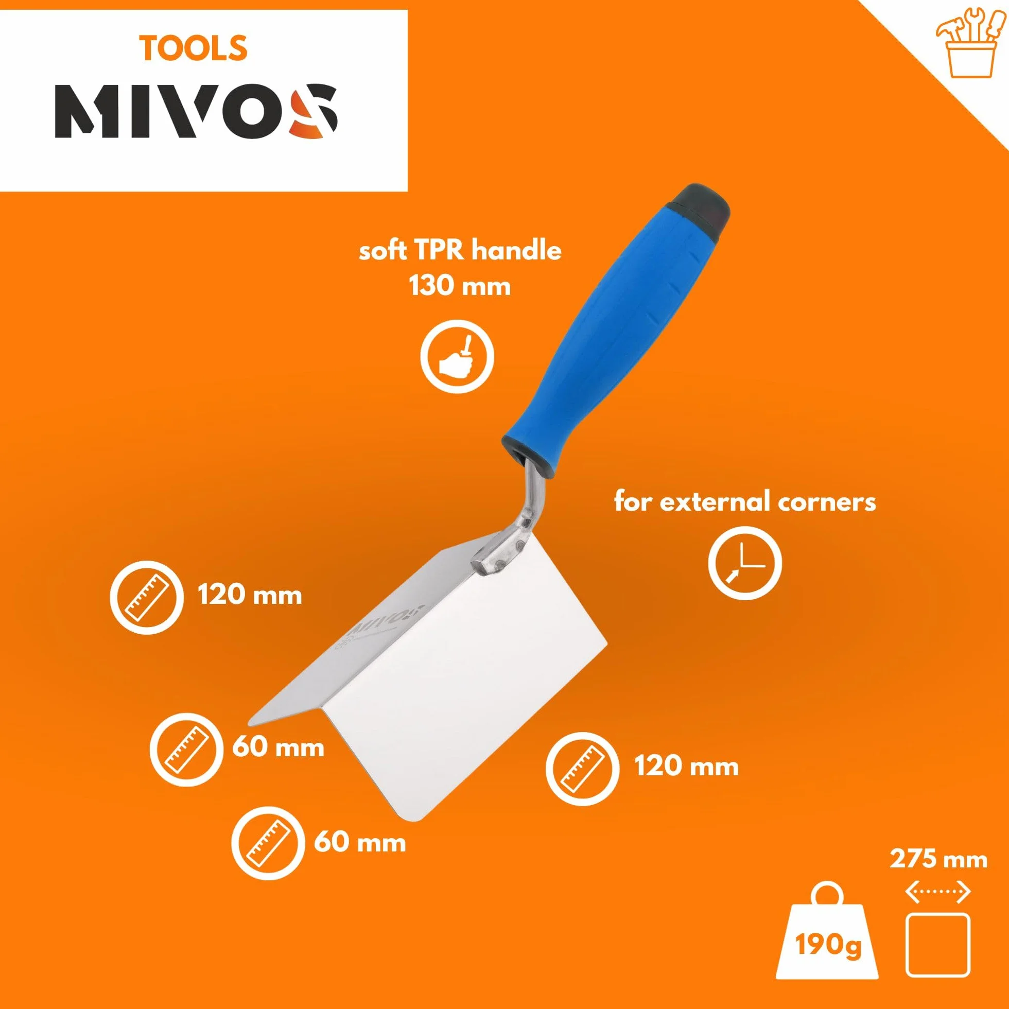 Mivos 2x Cazzuole Angolari Antiruggine 120 x 60 mm - Cazzuola Angolare Interna ed Esterna in Acciaio Inox - Cazzuola per Bordi Interni ed Esterni con Impugnatura Morbida - Spatola Angolare per Stucco