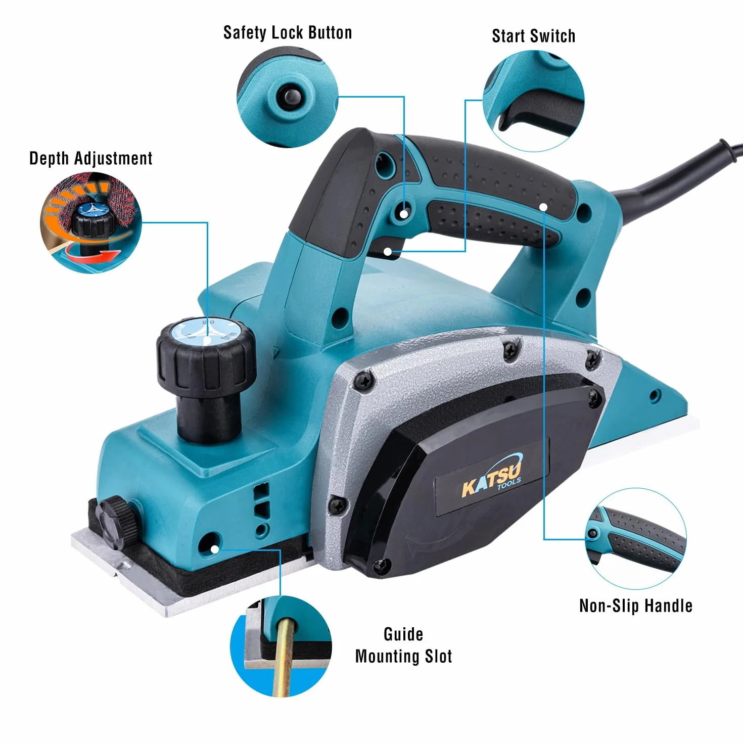 KATSU Tools Pialla elettrica 600W, pialla per legno portatile con cavo, larghezza di piallatura 82 mm, profondità di truciolo 2 mm, per la lavorazione del legno, porte e mobili per casa 101719