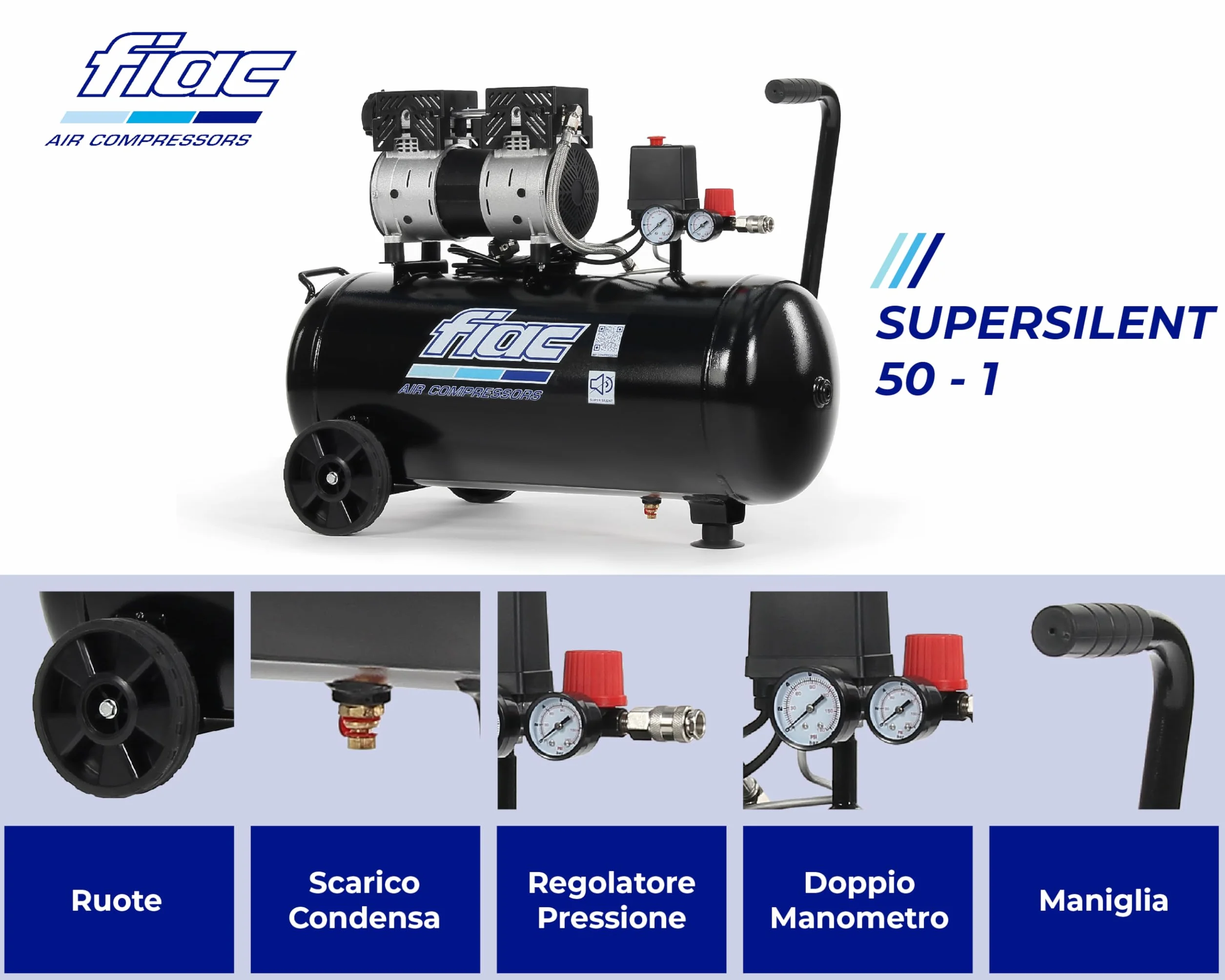 FIAC Compressore d'Aria Mobile Silenzioso SUPERSILENT 50, Compressore Aria Senza Olio, Pressione Massima 8 Bar, Potenza 1 CV, Serbatoio 50 Litri, Rumorosità 58 dB LpA
