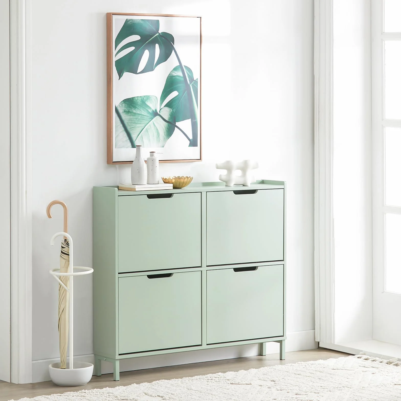 SoBuy Scarpiera Salvaspazio Slim da Ingresso Mobile Portascarpe con 4 Ante a Ribalta Regolabili in Legno Armadio Scarpiera Alta e Stretta per Corridoio, 100x19x91 cm，Verde Chiaro, FSR100-GR