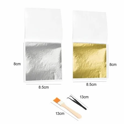 Set di 200 fogli in oro e argento (8,5 x 9,5 cm) con pinzette e pennello per doratura, pittura, decorazioni e progetti fai da te
