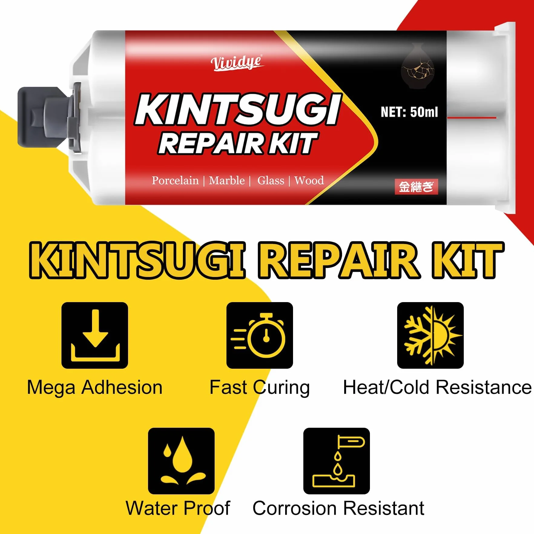 Kit di Riparazione Kintsugi 50ml - Colla Ceramica Abbinata a Polvere Dorata e Argentata per Ciotole e Vasi, Sicurezza della lavastoviglie kit kintsugi per Riparazione Perfetta di Oggetti Significativi