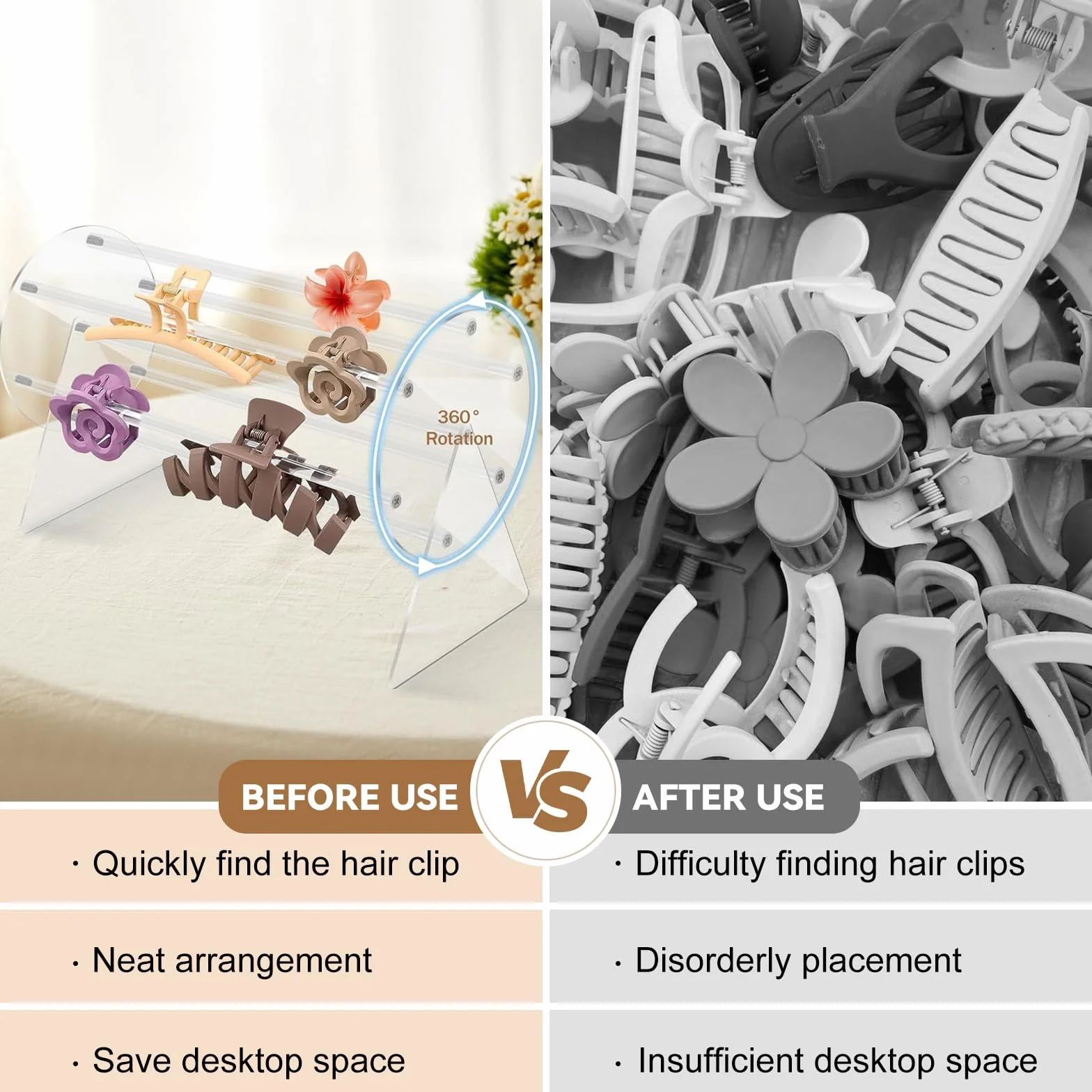 Organizer Girevole 360° per Accessori Capelli in Acrilico – Porta Cerchietti e Mollette