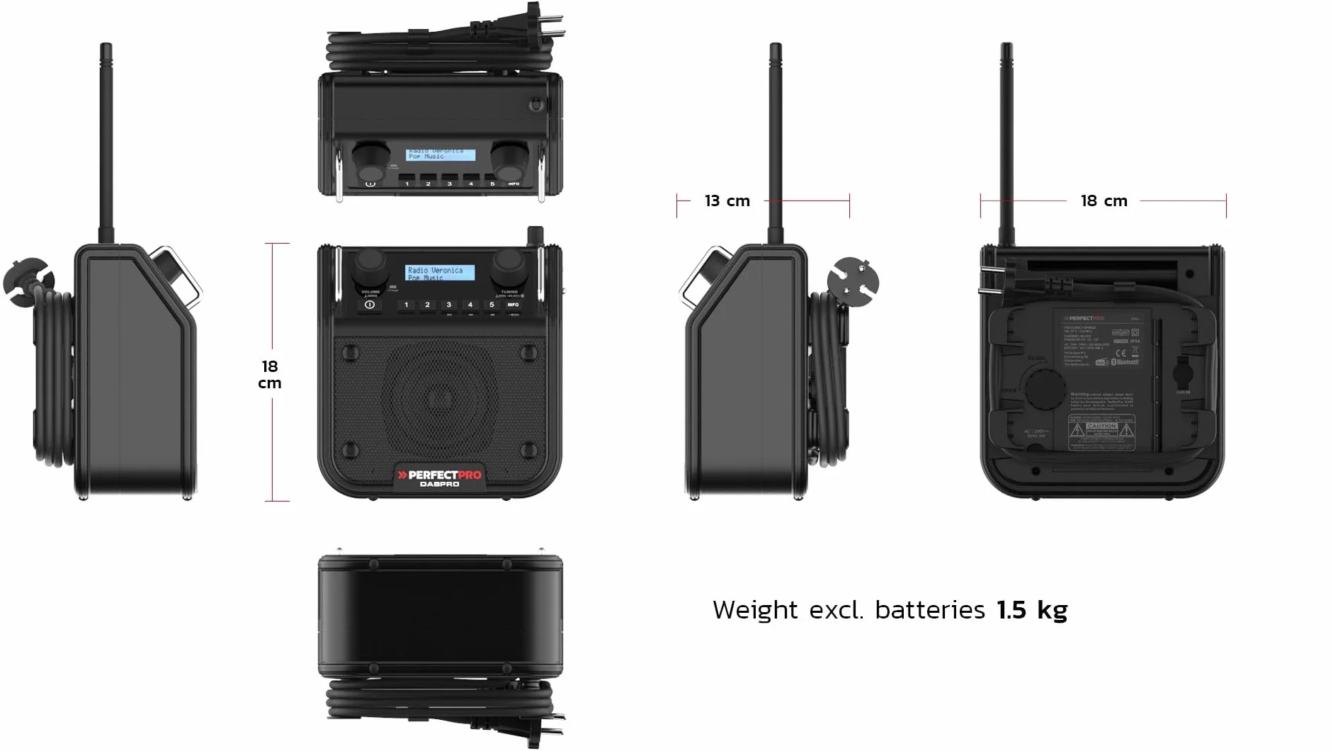 PerfectPro Radio da cantiere DABPRO, DAB+ e ricezione FM, ingresso AUX, MP3, Bluetooth, corrente di rete e ricaricabile, resistente agli urti, IP54, DPR2