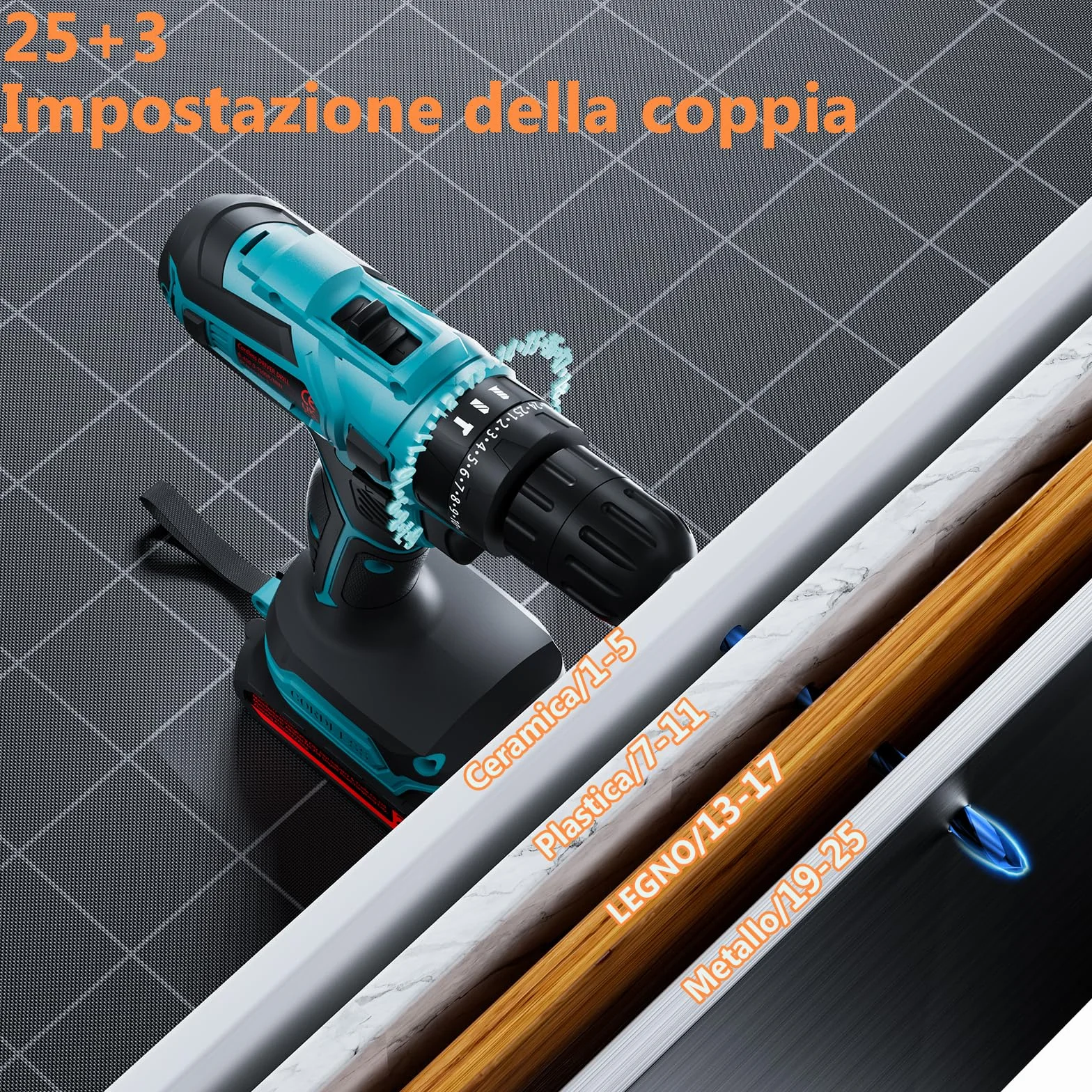 Trapano Avvitatore Batteria 21V, con 2×2000mAh Batterie, coppia 45 Nm max, 25 + 3 livelli di coppia (2 marce e LED) per casa e giardino fai da te (Blu)