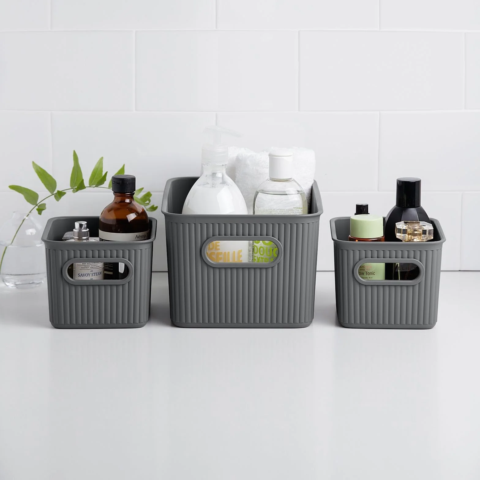 TATAY Cestino Portaoggetti Plastica 15 L Baobab Scatola Organizzatrice Manici Integrati Grigio