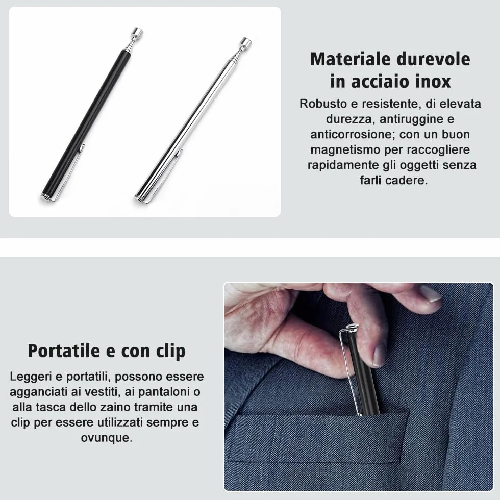 4 Pezzi Asta Telescopica Portatile e Magnetica Lunghezze Regolabili da 12,5 a 65 cm Strumento di Raccolta Magnetico Estensibile in Acciaio inox per Anziani Donne Incinte (Nero e Argento)