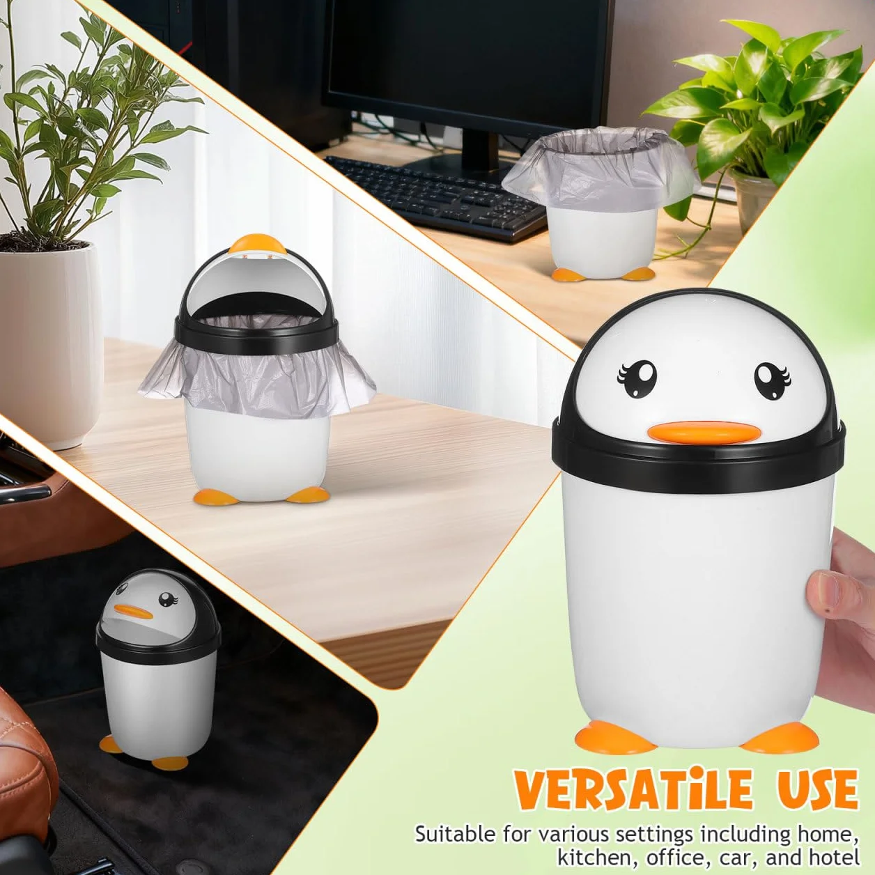 Angoily Pattumiera pinguino con coperchio in plastica, organizer per camera da letto, ufficio, auto, bagno, cameretta dei bambini, bancone