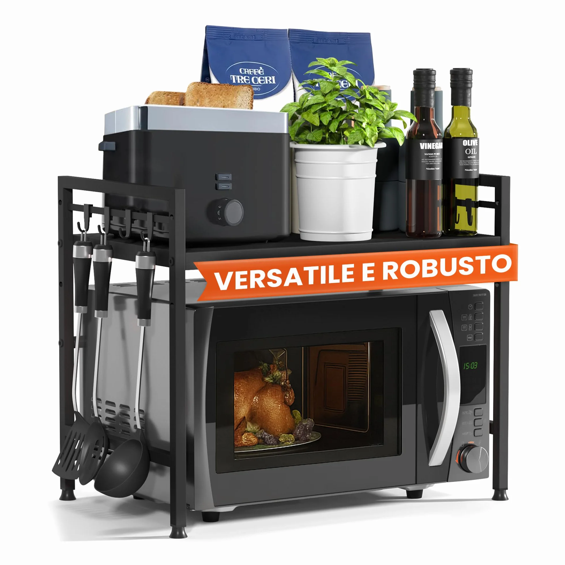 Heldenwunder Mensola MobileCucina Salvaspazio Acciaio (2 Ripiani) | Organizer Forno Mobiletto Scaffali | Supporto Microonde Regolabile + Video Guida, Ganci – Nero