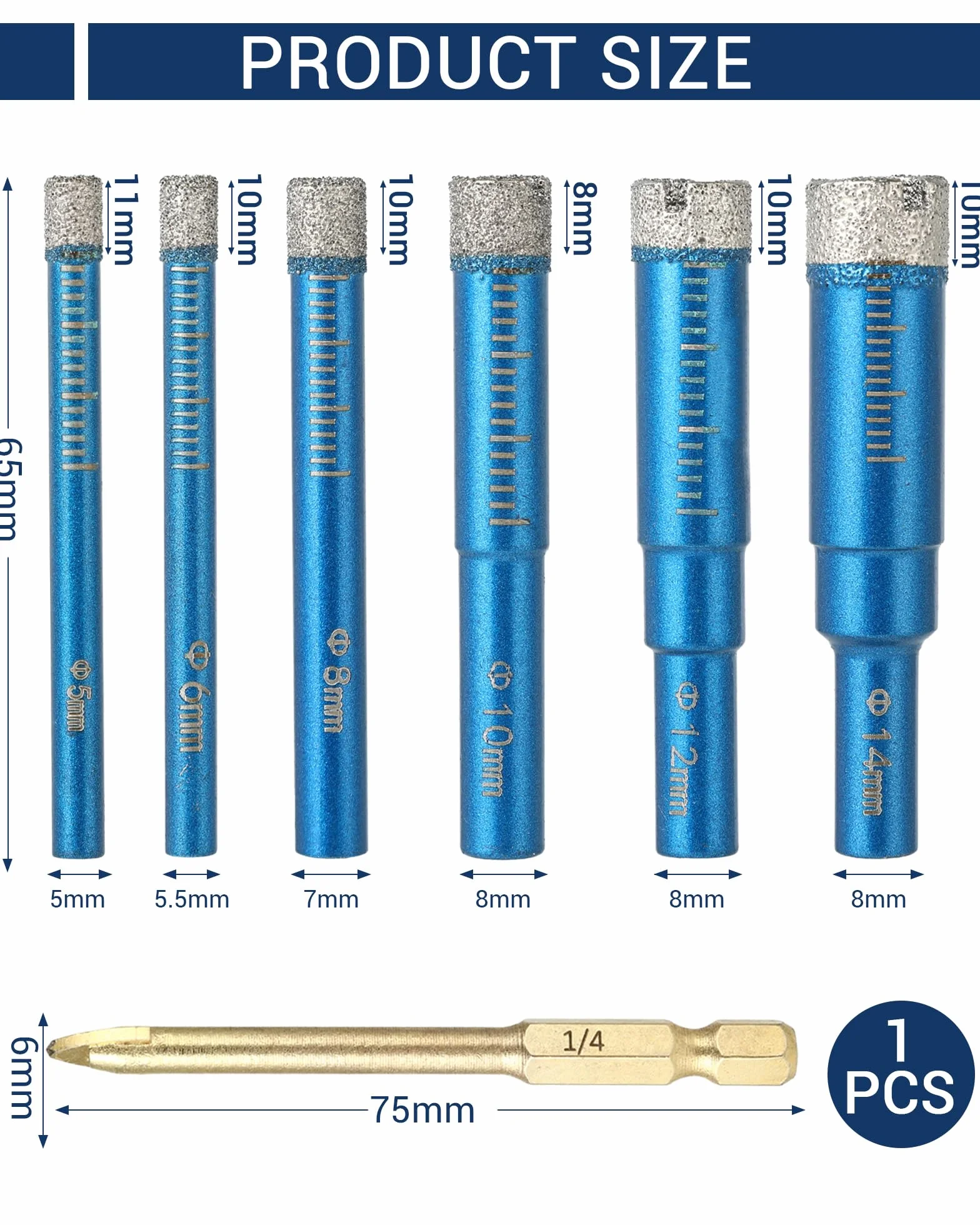 Set 7 pezzi punte per gres porcellanato diamantate, include 6 mm più misure 5/8/10/12/14 mm, frese per piastrelle adatte ceramica vetro granito porcellana marmo.