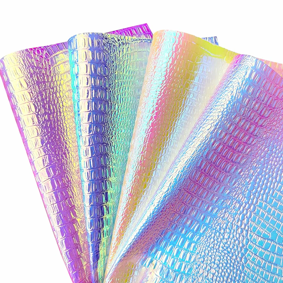 Confezione da 7 fogli in finta pelle metallizzata iridescente effetto coccodrillo con elementi di animali testurizzati in colore brillante A4 Bump PU per orecchini, fiocchi per capelli e progetti fai