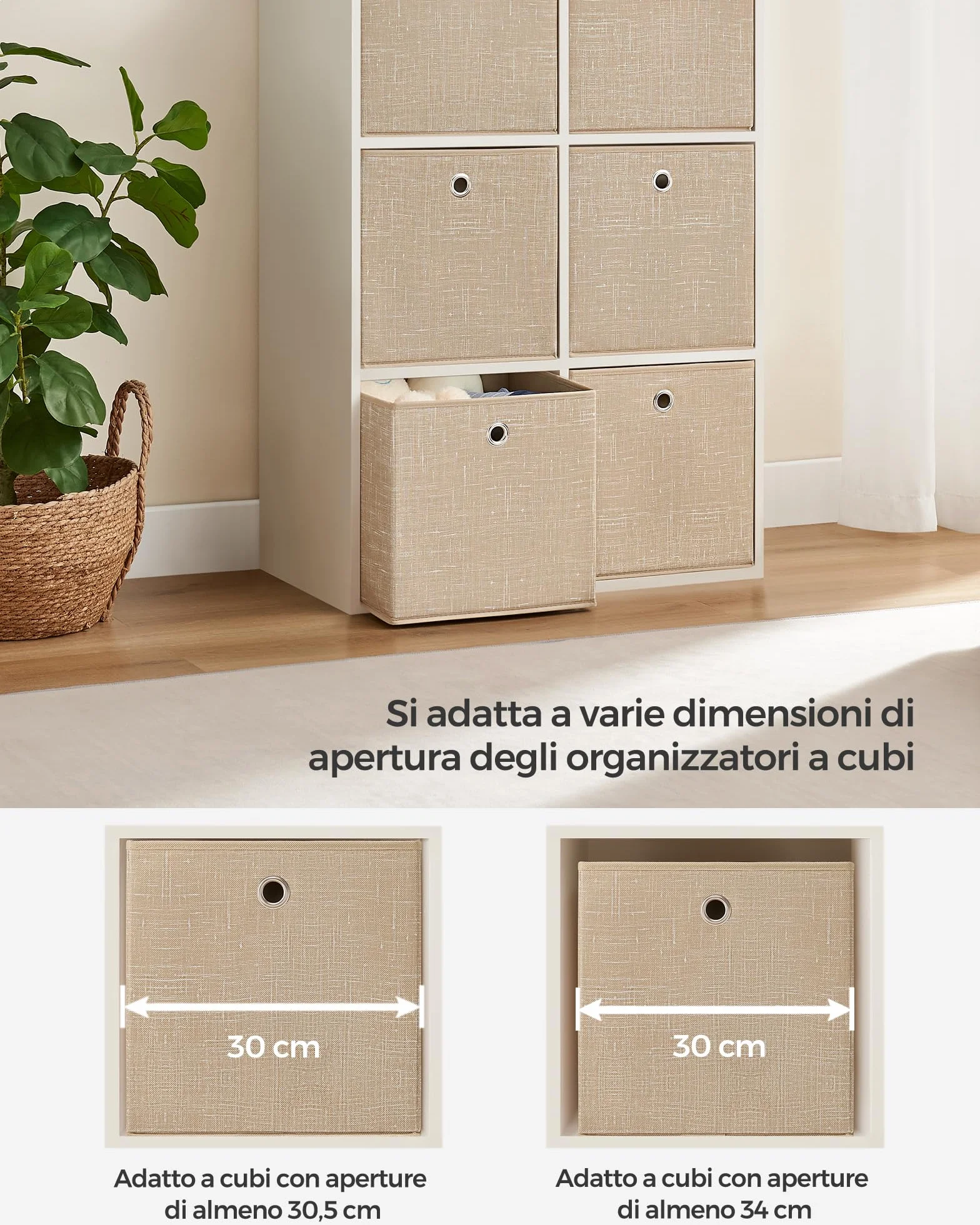 SONGMICS Scatole Portaoggetti Set di 6 Contenitori in Tessuto Non Tessuto 30x30x30 cm Pieghevoli Beige Sabbia