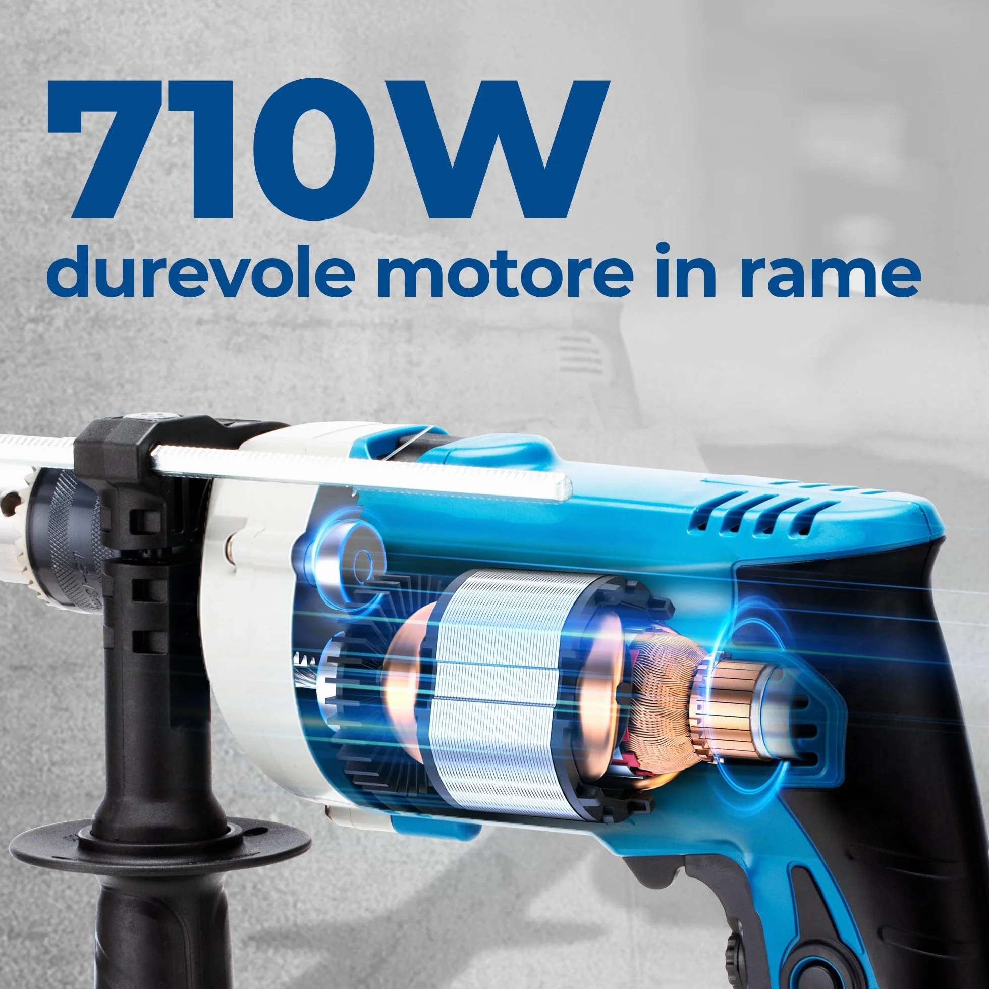 DongCheng Trapano a percussione 710W, trapano 2-in-1, mandrino da 13mm, 45.000 IPM, 3000 RPM, manico girevole a 360°, con 15 punte per metallo, legno e mattoni