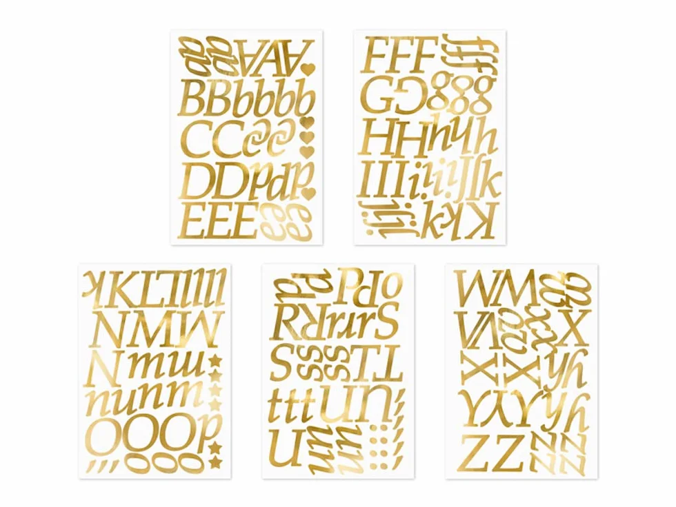 PartyDeco Adesivi a Lettere 5 Fogli 143 Lettere 25 Caratteri - Adesivi per Etichettatura, Artigianato e Decorazione - Oro