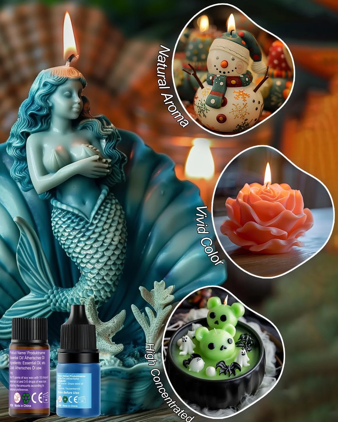 Colorante per Candele, 24 Colori Liquidi per Candele con 6 Oli Essenziali per la realizzazione di candele in cera di soia, Colorante per Cera per Candeles Profumate DIY - 0,17 Once/5 ml