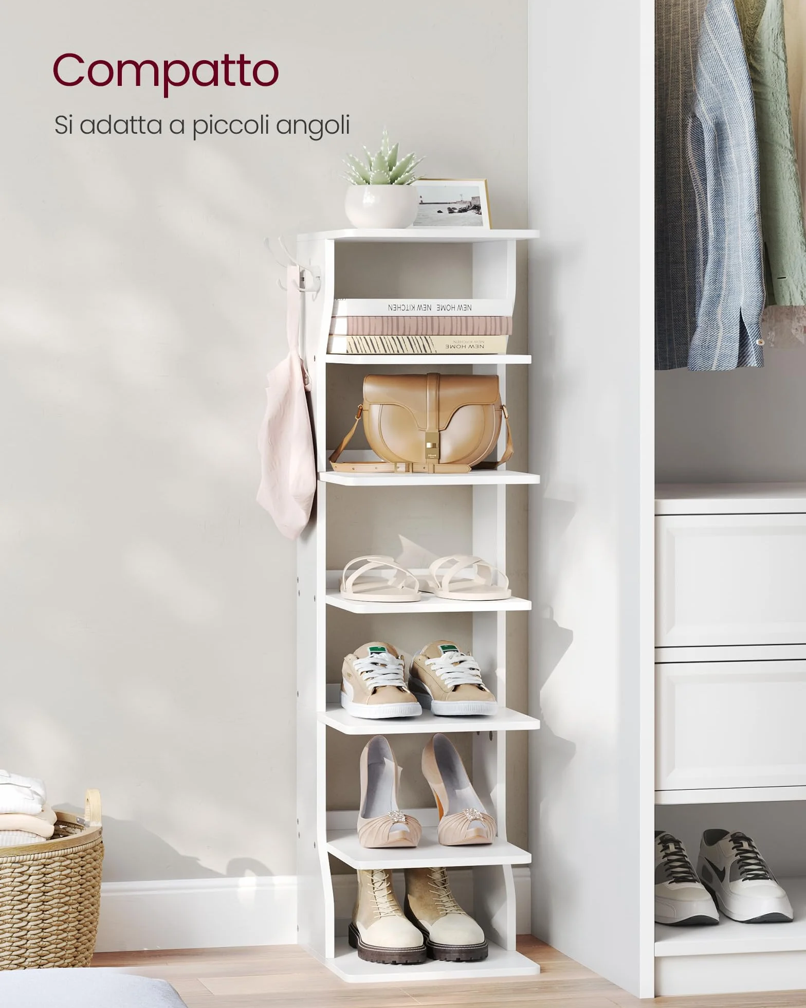 VASAGLE Scarpiera, Scaffale Portascarpe da Ingresso a 7 Livelli, Scarpiera Stretta, per Corridoio, Angolo, Cabina Armadio, Bianco LBS200T14