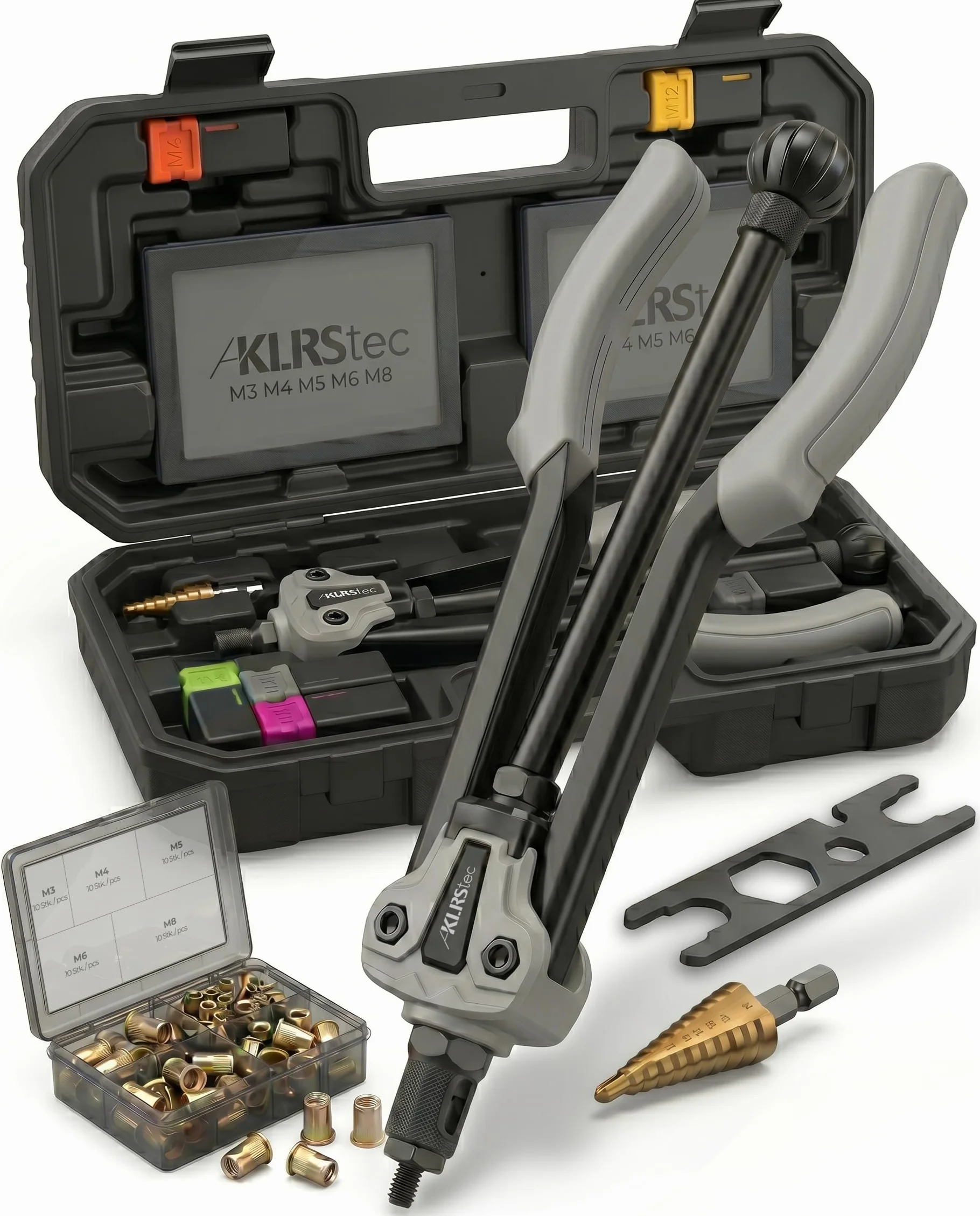 KLRStec Professional Rivettatrice per Inserti Filettati Set [M3-M12] Pinza Semiautomatica per Lavoro Più Veloce incl. 70 Inserti Filettati, Punta a Gradini e Valigetta - Kit Pro Dadi a Rivetto