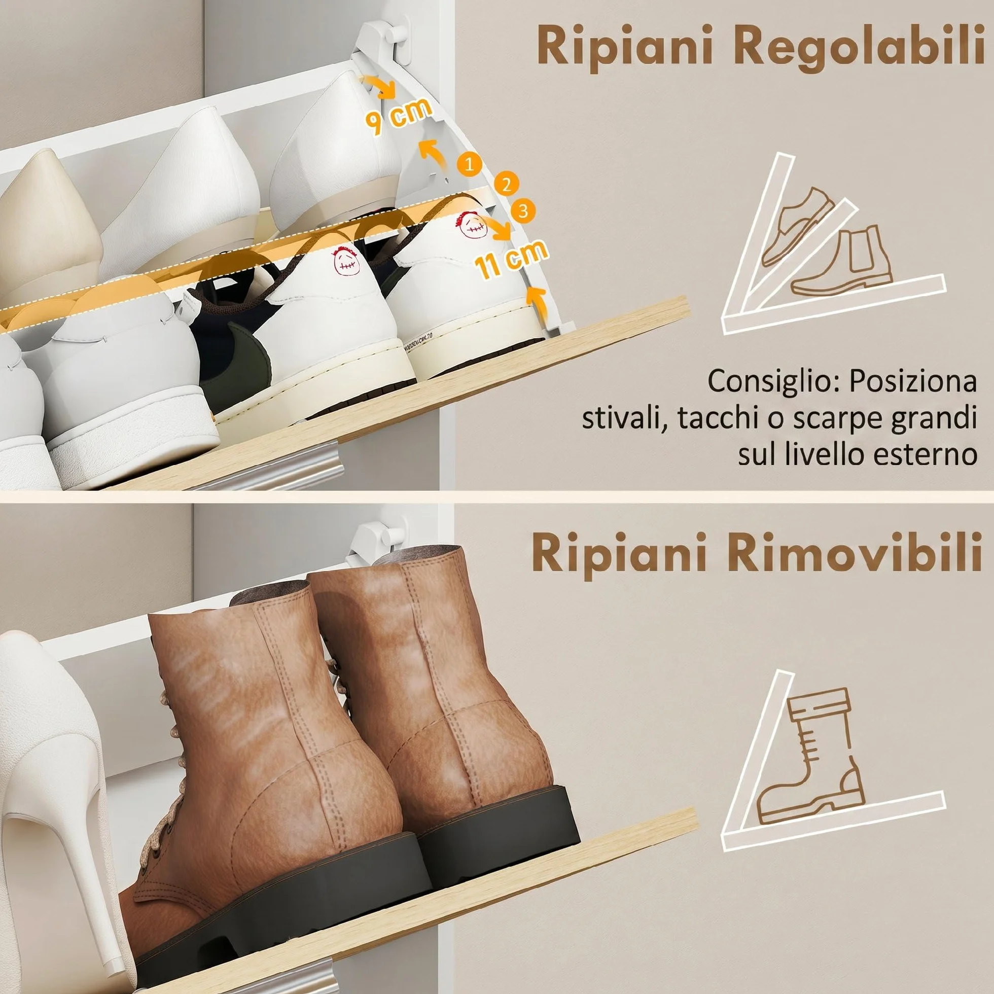HOMCOM Scarpiera Salvaspazio Slim con 2 Ante a Ribalta, Scarpiera Ingresso con Ripiani Regolabili, 3 Ripiani Aperti, Porta Scarpe per 8 Paia in Legno con Maniglia, 80x26x90 cm, Bianco e Legno Naturale