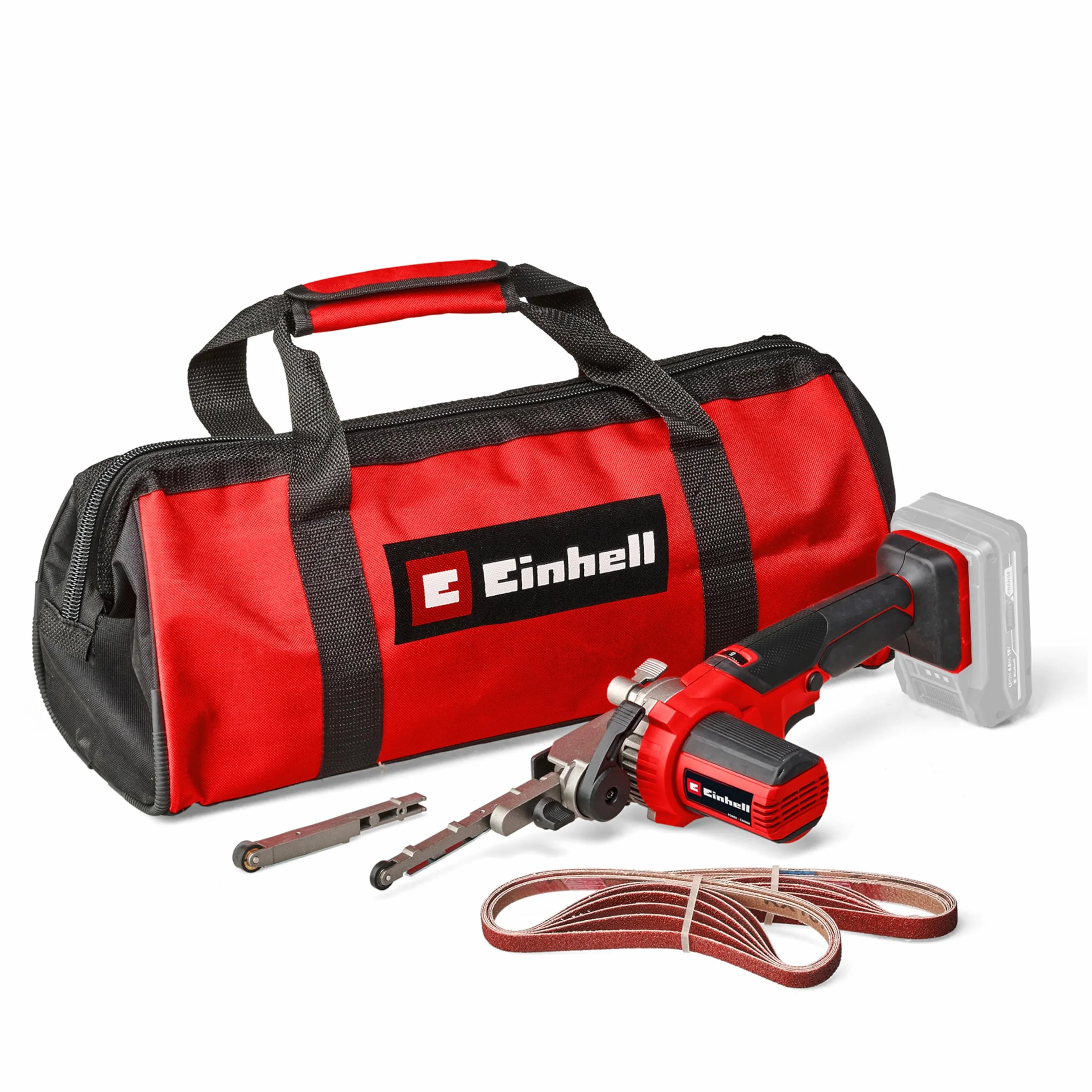 Lima a nastro a batterie Einhell TE-BF 18 Li-Solo Power X-Change (18 V, velocità fino a 1.700 m/min, 2 bracci abrasivi 9 mm e 13 mm, incl. 12 pz. nastri abrasivi, senza batteria)