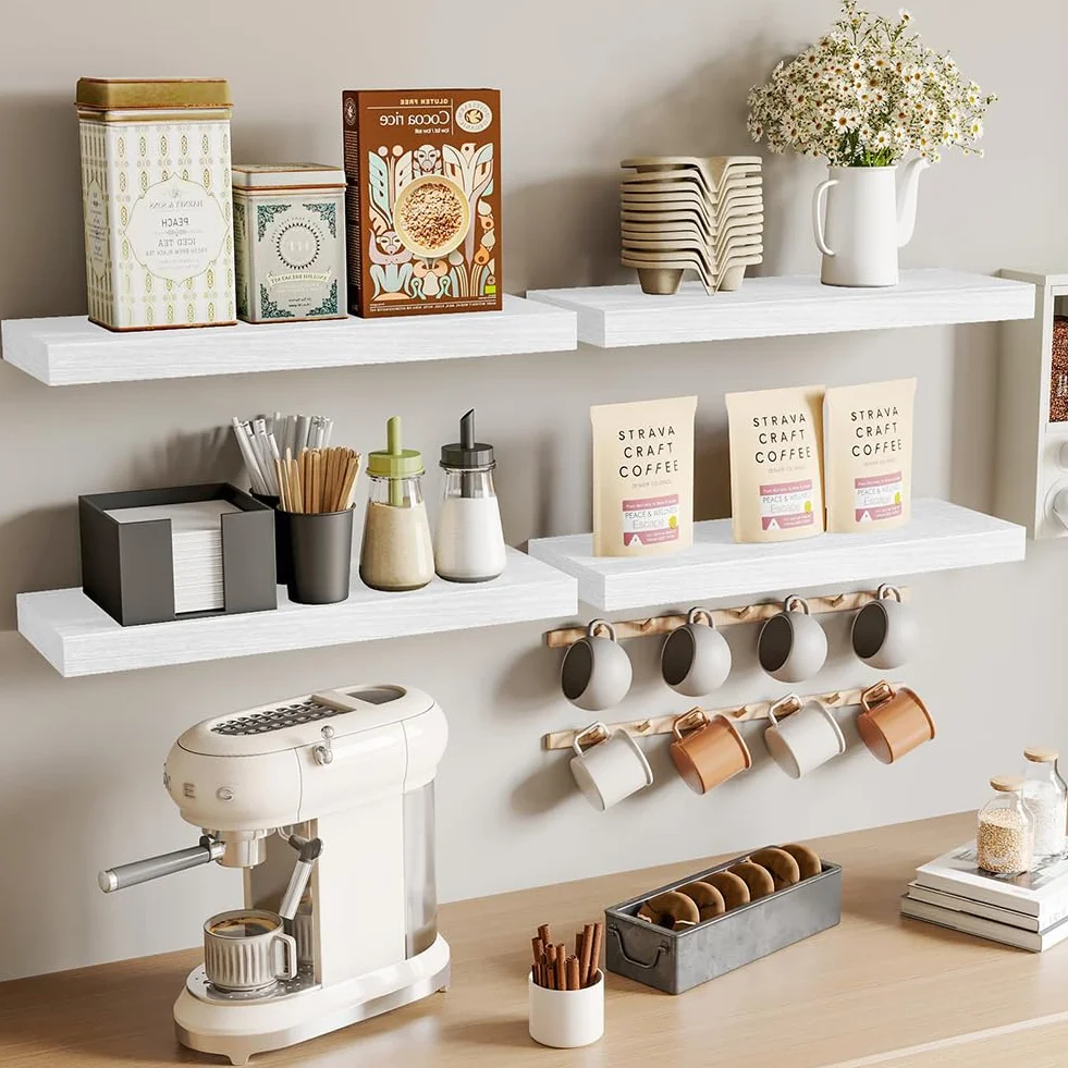 BAKAJI Set 4 Mensole da Parete in Legno Massiccio, Scaffali a Muro Multiuso con Staffe a Scomparsa in Metallo, Scaffalatura per Camera da Letto, Soggiorno, Cucina, Bagno, 40 x 14 x 3 cm (Bianco)