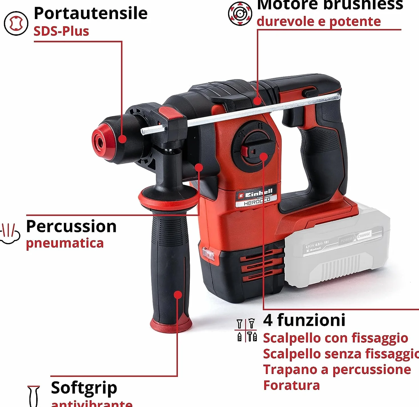 Einhell Tassellatore A Batteria HEROCCO 18/20 Power X-Change (18 V, 2,2 J, Motore Senza Spazzole, SDS-Plus, Sistema Elettronico Di Gestione Del Numero Di Giri, Senza Batteria E Caricabatteria)