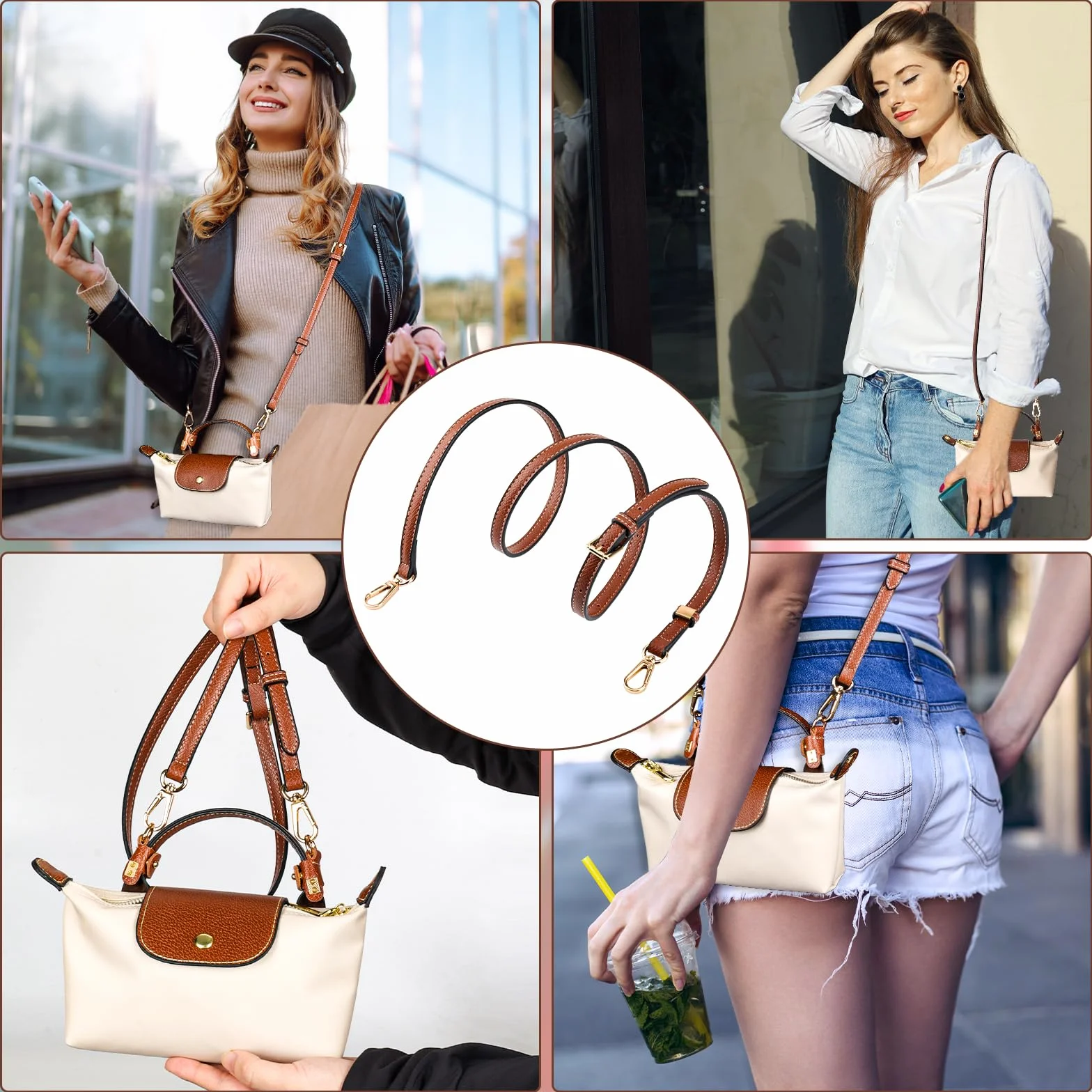 Tracolla per Longchamp Mini Borse, Donna Universale Regolabile di Tracolla per Borsa in Pelle Double Face PU - Marrone, Non Serve Punzonatura con 2 Adattatori per Ogni Occasione