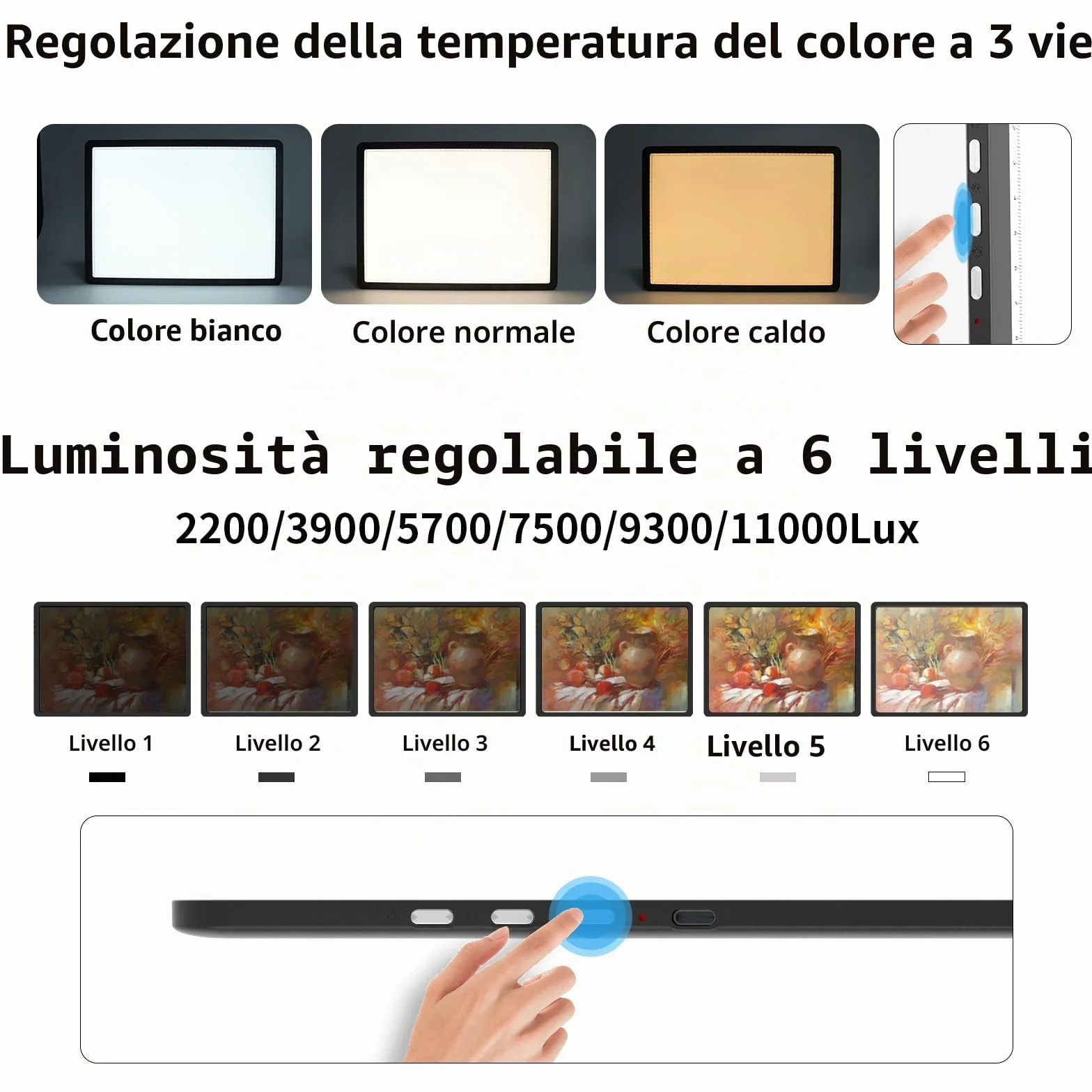 TOHETO Tavolo luminoso A4 per pittura con diamanti, blocco luminoso magnetico super luminoso con pulsanti laterali, scatola luminosa per tracciatura e disegno, tavolo luminoso cablato per schizzi