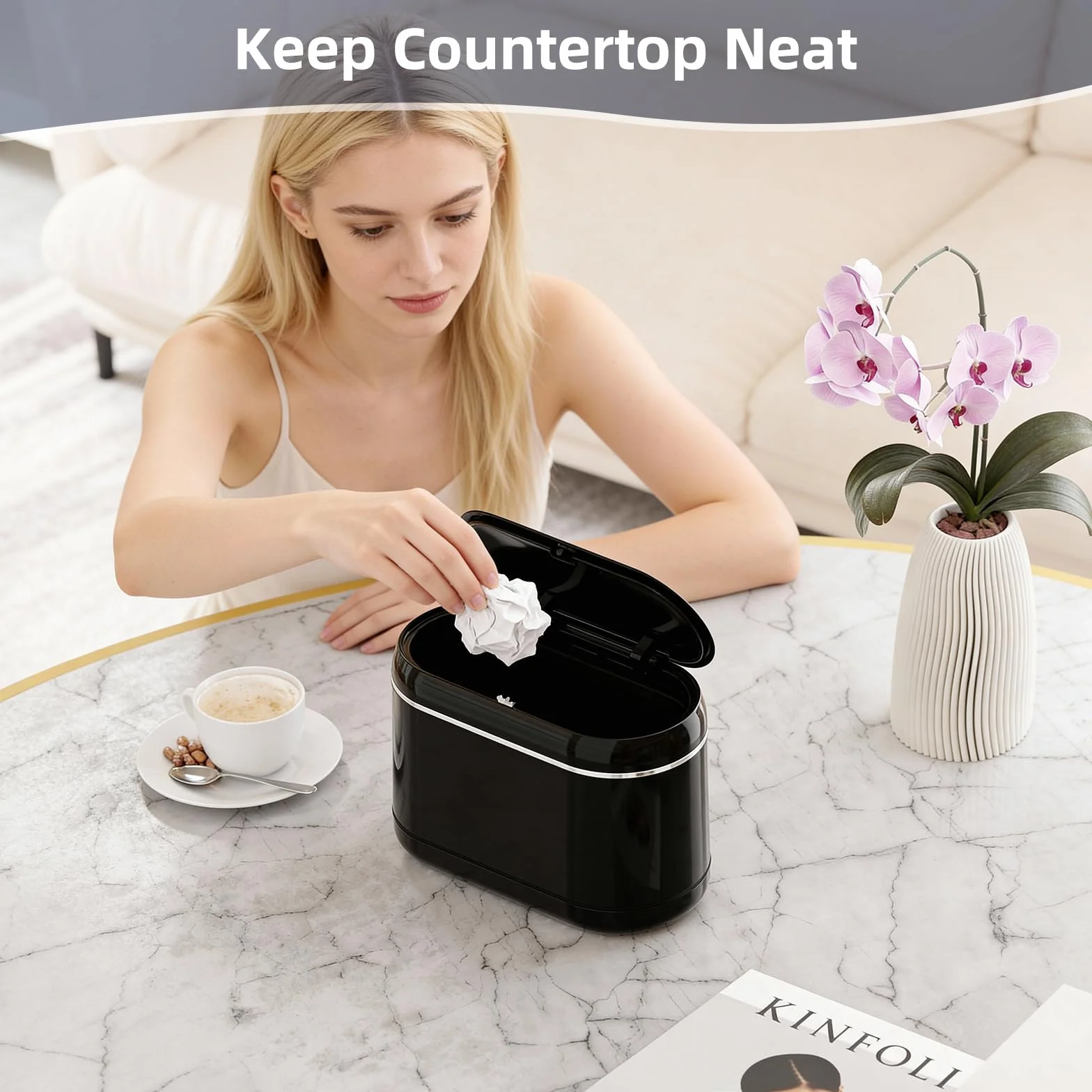 PAVSTINE Cestino Da Scrivania Pop-Up, Mini Pattumiera da Tavolo Design a Doppia Canna, Pattumiera da Scrivania Dotato di 5 Rotoli di Sacchetti per la Spazzatura e 4 Tappetini Antiscivolo, Nero