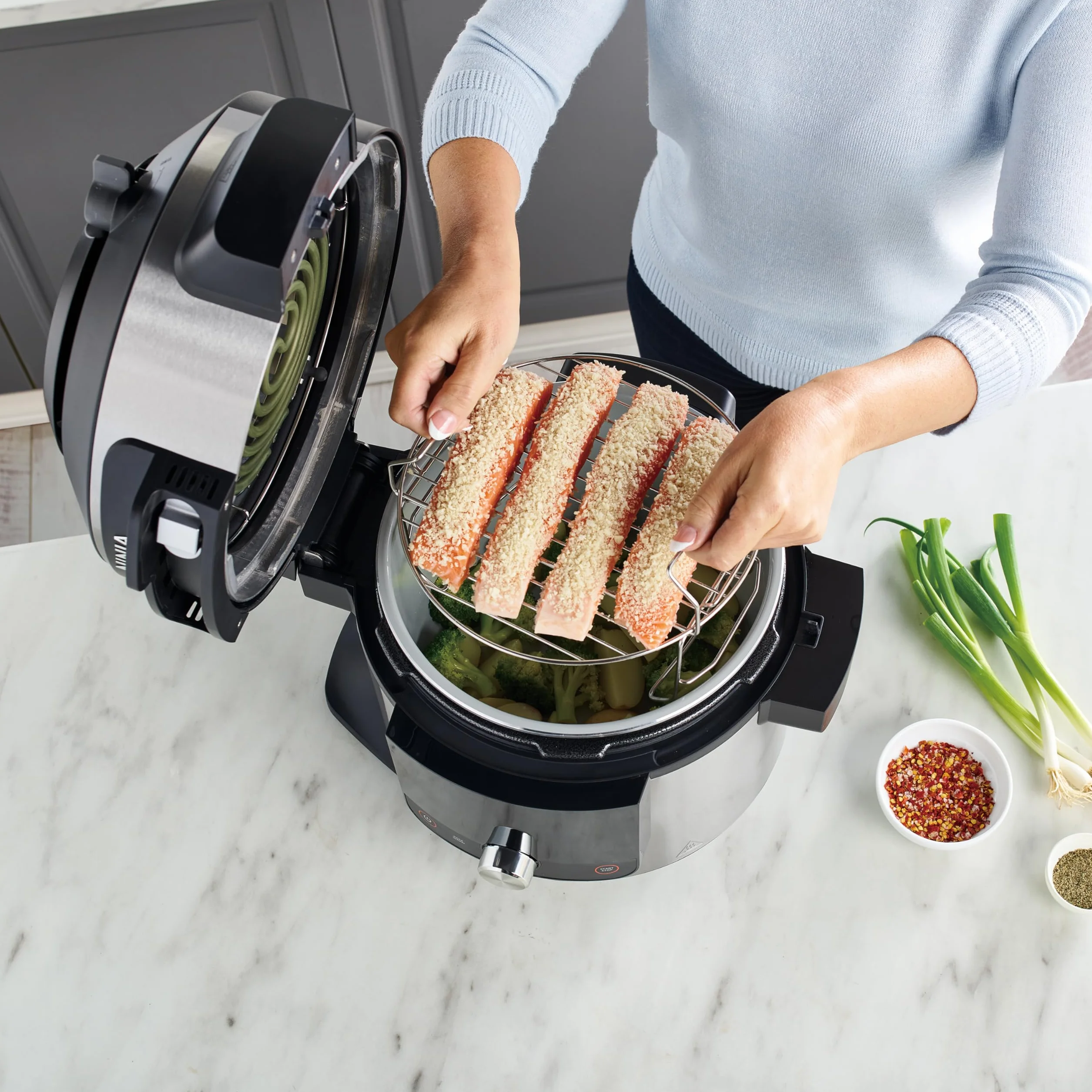 Ninja Foodi MAX Multicooker con Coperchio SmartLid e Sonda Digitale, 14 Funzioni, Cottura Intelligente, 7.5L, Pentola a Pressione, Friggitrice ad Aria, Cottura a Vapore, Griglia, Acciaio, OL750EU