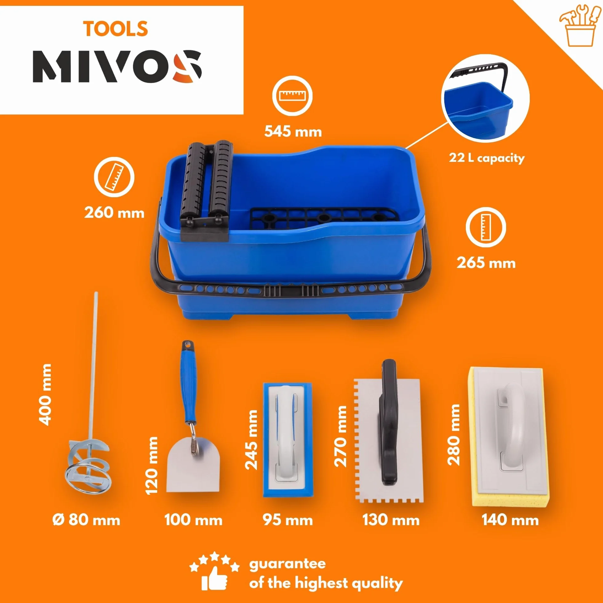 MIVOS Set per lavaggio piastrelle 6 pezzi - professionale - cazzuola da stuccatore - Cazzuola dentata - Tavola di spugna - Tavola per grattugiare - Secchio 22L - Miscelatore per malta