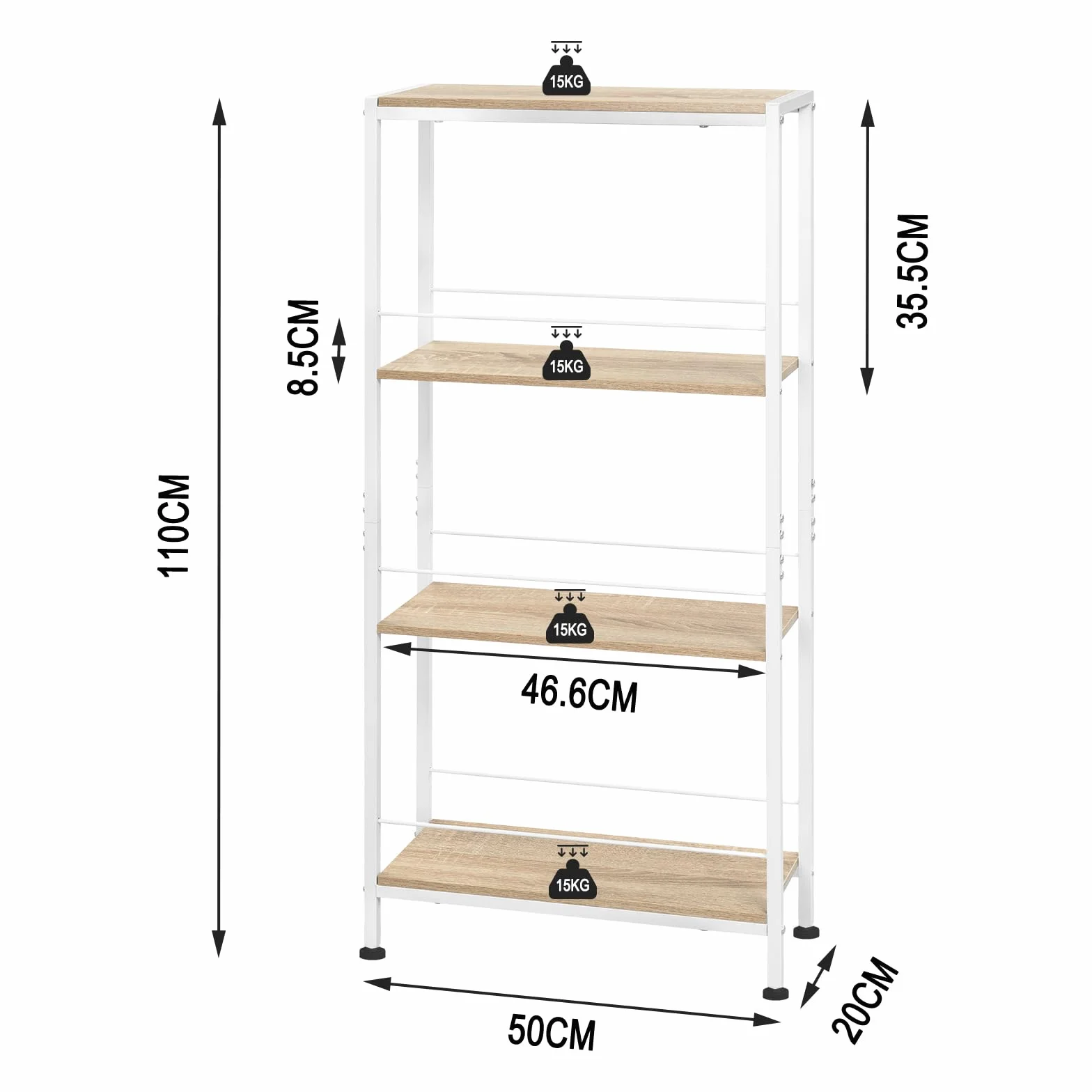 WOLTU Scaffale Salvaspazio da Cucina a 4 Ripiani, Scaffale Angolare per Bagno, Soggiorno, Camera da Letto, Stile Nordico, in Legno e Metallo, Rovere Chiaro+Bianco, 50x20x110cm, RGB53whe