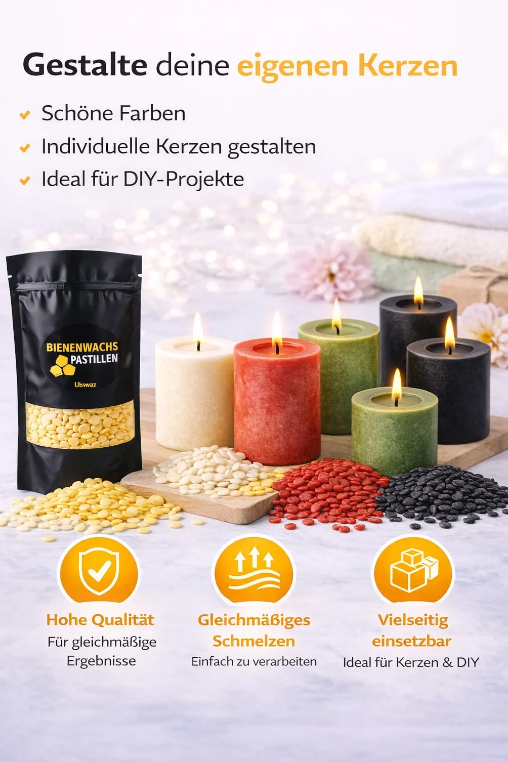 Pastiglie di Cera d'api per Fai da Te – Profumo Naturale di Cera d'api, Versatile per Candele, Cosmetici e Sabbia per Candele (Nero, 1000g)