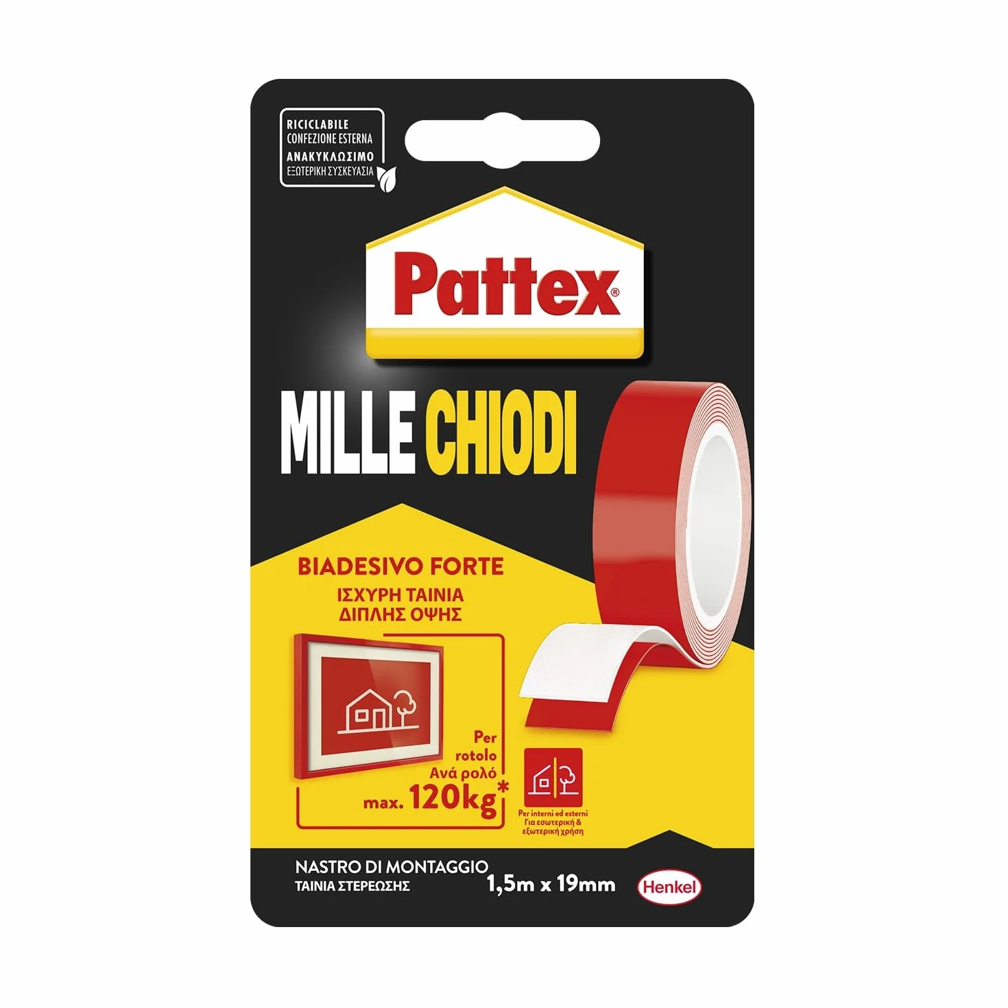 Pattex Millechiodi Tape, Nastro biadesivo extra forte per applicazioni permanenti, Nastro adesivo di montaggio per interni ed esterni, 19 mm x 1,5 m