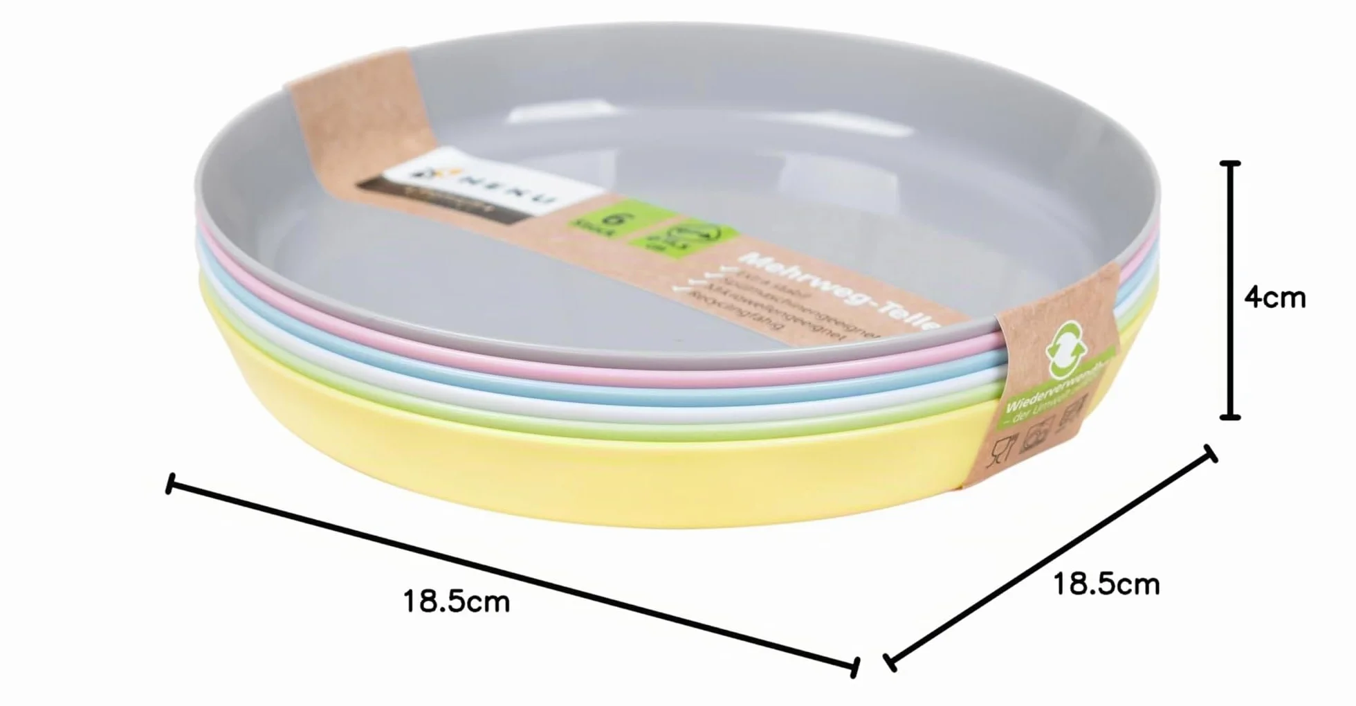 HEKU Zestaw 6 talerzy wielorazowych PP 18,5 cm, nadające się do mikrofali i zmywarki, kolorowe