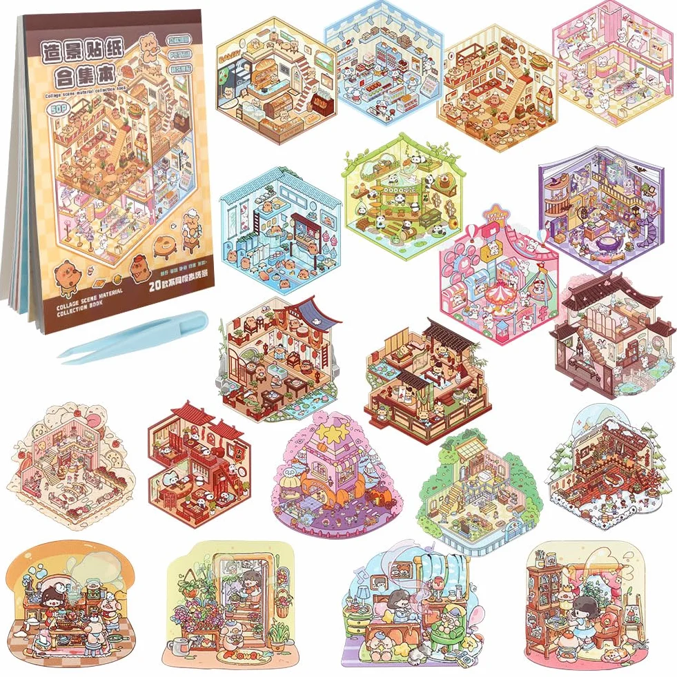Vicloon Adesivi 3D per Casa in Miniatura,20 Set Adesivi per la Casa Fai Da Te,scene di cabine simulate in miniatura con Una Pinzetta,Attività Rilassante Creativa Antistress per Bambini e Adulti