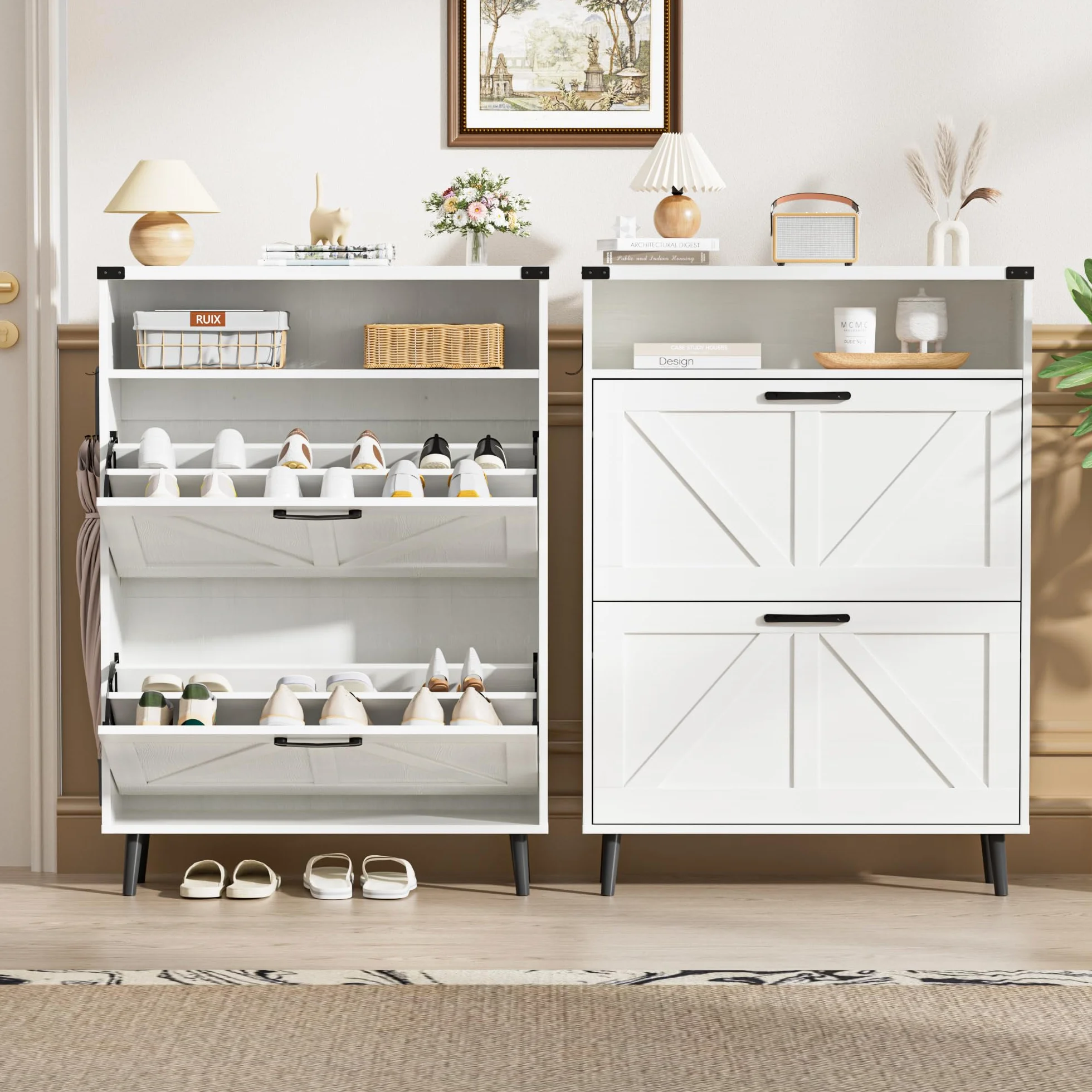 BonVache Scarpiera stretta, scarpiera con 2 ante, scarpiera ribaltabile con 4 ripiani, mobile per scarpe con spazio aperto, portascarpe in legno, 80x24x113,5 cm, bianco