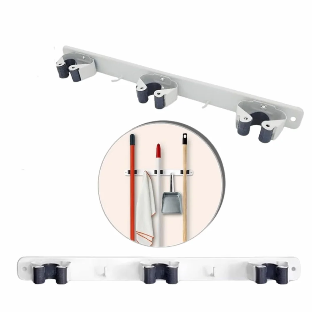 PARENCE.- Supporto da parete a triplo avvitabile per scopa e accessori - Gancio per scopa 3 supporti + 2 ganci - 37cm