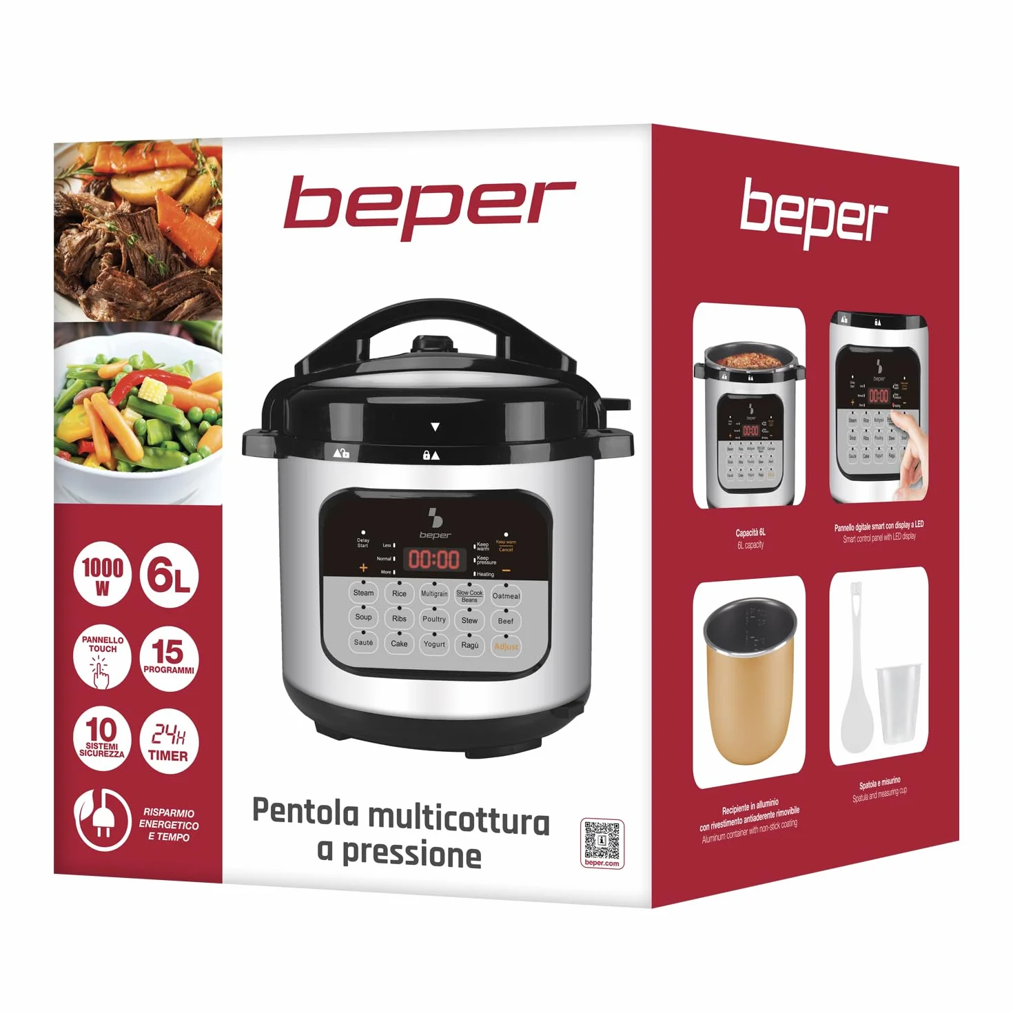 BEPER P101COS002 Pentola Multicooker a Pressione 6 Litri,15 Programmi di Cottura, Slow Cooker, Timer 24h, 3 Livelli di Pressione, Funzione Mantenimento Caldo, 10 Sistemi di Sicurezza,1000W