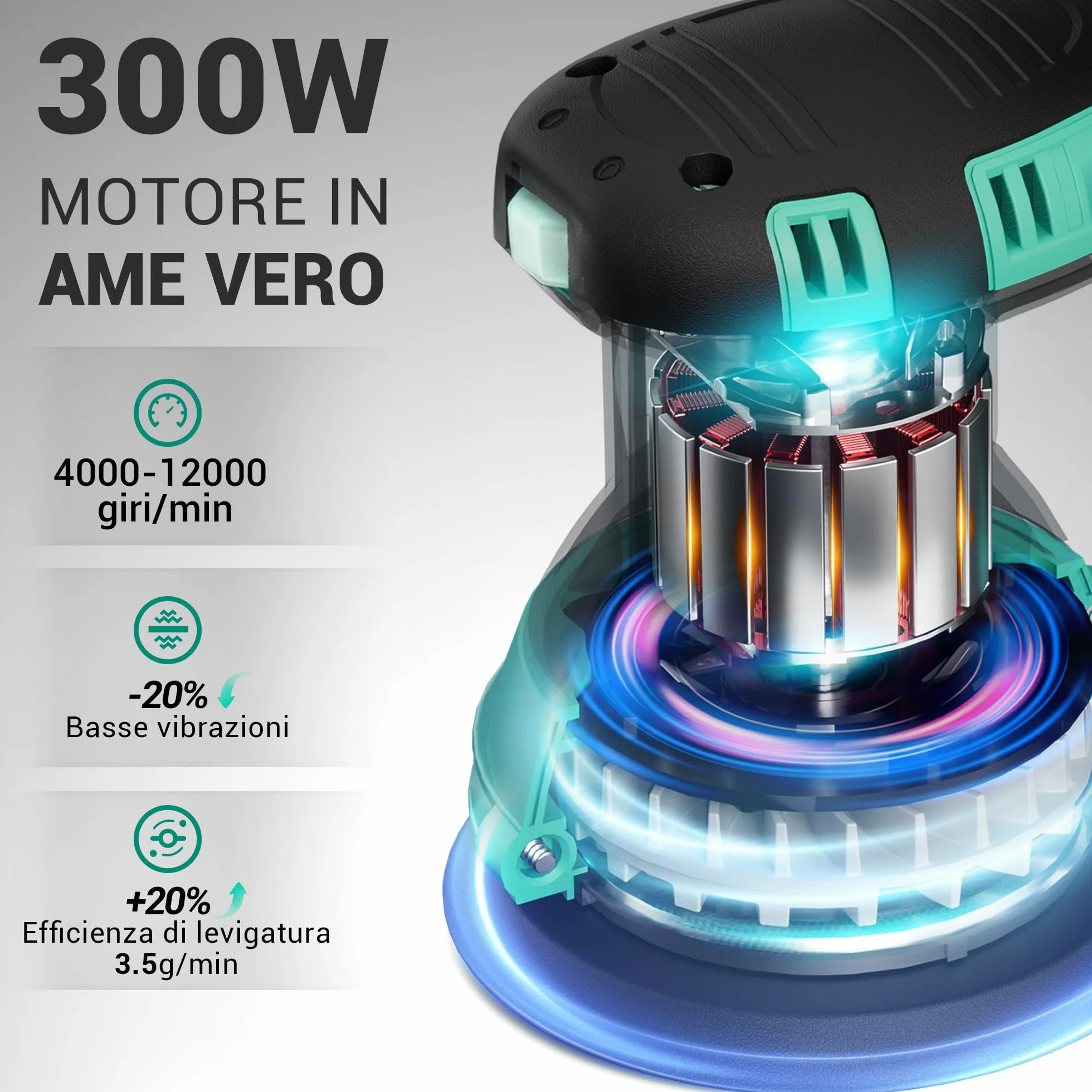 DCA Levigatrice Orbitale 300W 12000RPM 6 Velocità Variabili 125mm Dischi Abrasivi