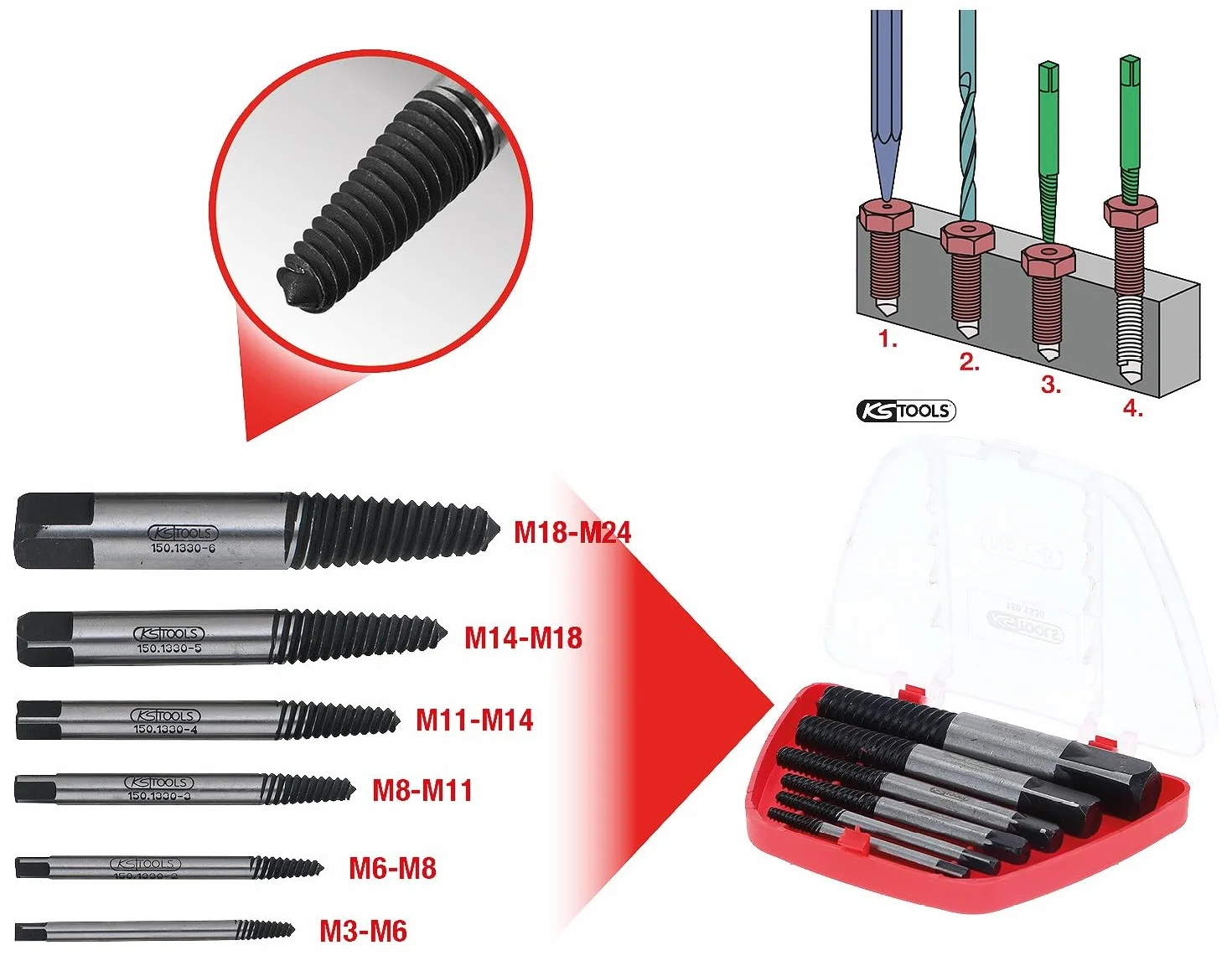 KS Tools 150.1330 Serie di Estrattori per Viti, 6 Pezzi, M3 - M18.in Astuccio di Plastica