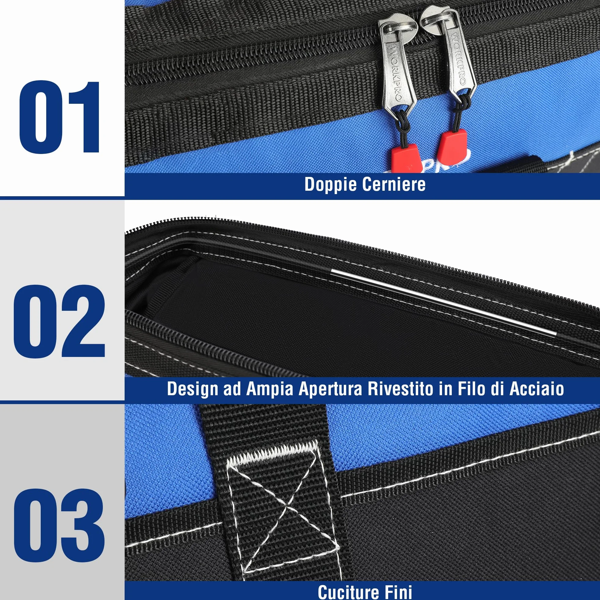 WORKPRO Borsa porta Attrezzi Lavoro a Bocca Ampia 40 x 22 x 26 cm, Multitasche per Impieghi Pesanti, con Base Rigida in Plastica Impermeabile, Portautensili