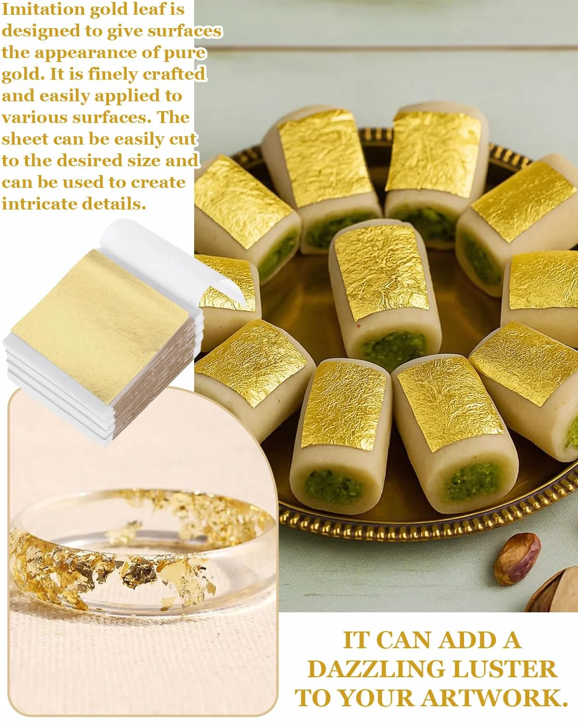 DAFNE 200 fogli di foglia d'oro, foglia d'oro artigianale, carta foglia d'or, adesivo, con pittura acrilica, artigianale, lamina d'oro artigianale, fai da te